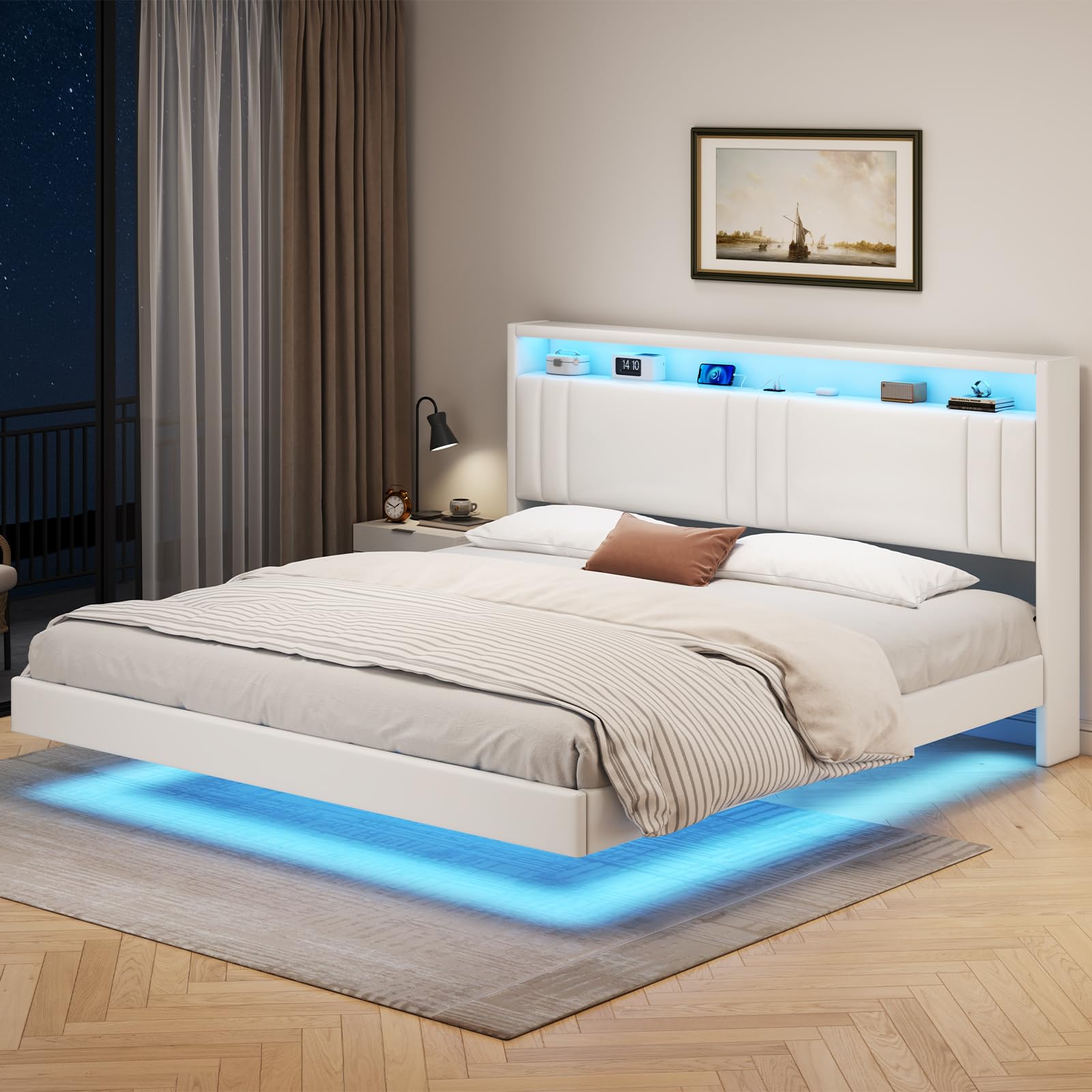 KIMENICH Letto 180 x 200 cm, Struttura Letto con Illuminazione a LED, Stazione di Ricarica, Effetto Visivo Galleggiante, Struttura del Lettos con Rete a Doghe, per Camera da Lettos, PU bianca