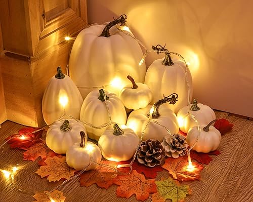 Vista 6 de DearHouse 63 calabazas artificiales, decoración de otoño de cosecha de arce, 11 calabazas de otoño de terciopelo, 2 conos de pino y 50 hojas de arce