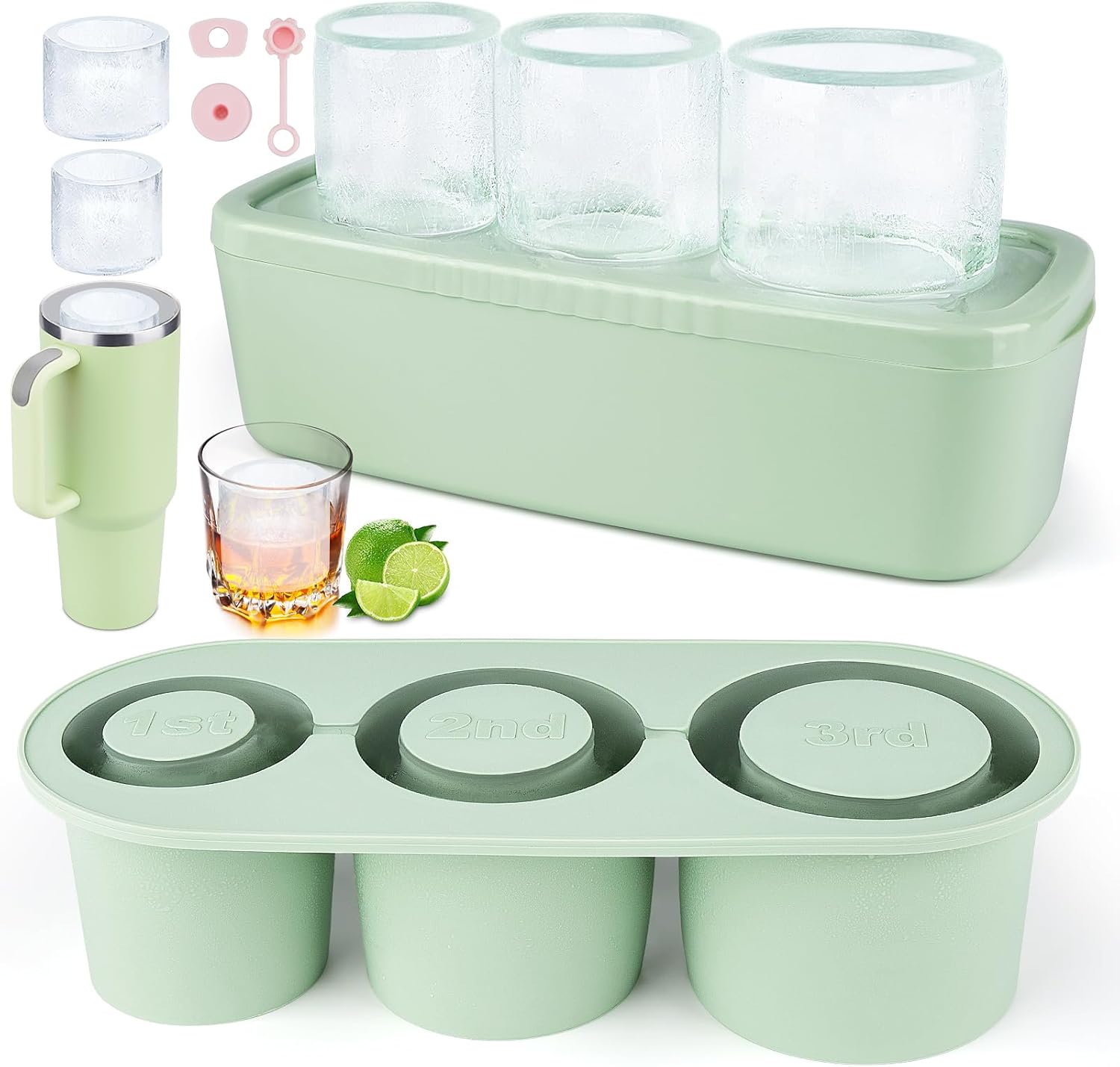 Ice Cube Tray for 30-40 oz Tumbler Cup 3 Pcs Silicone Hollow Cylinder Ice Mold with Lid and Bin for Freezer for Chilling Whiskey Cocktails Drinks Coffee and Release Ice Maker(Green)