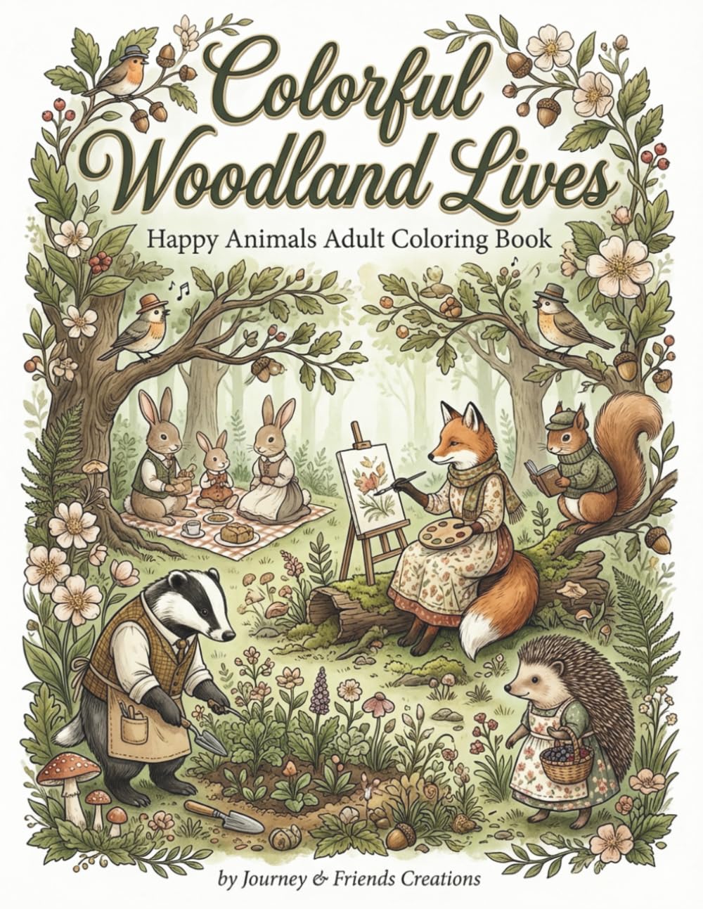 Colorful Woodland Lives Happy Animals Adult Coloring Book: 40 Detailed Illustrations with Full-Color Reference Pages, Woodland Creatures Coloring Book