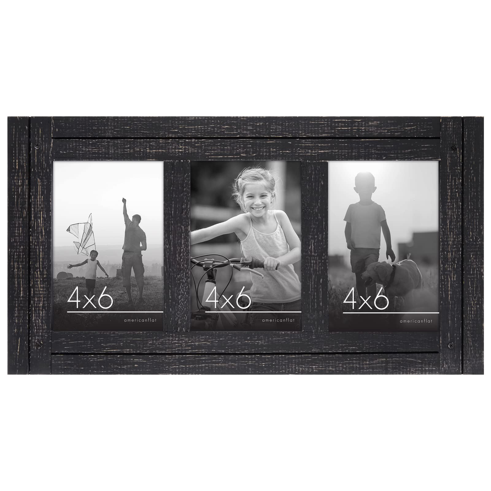 Photo 1 of Americanflat 4x6 Triple Picture Frame with Polished, Crystal Clear Glass - Hampton Collection - Distress Wood Collage Picture Frames for Tabletop and Wall Display - Charcoal Black Charcoal Black 3 4x6 Openings
