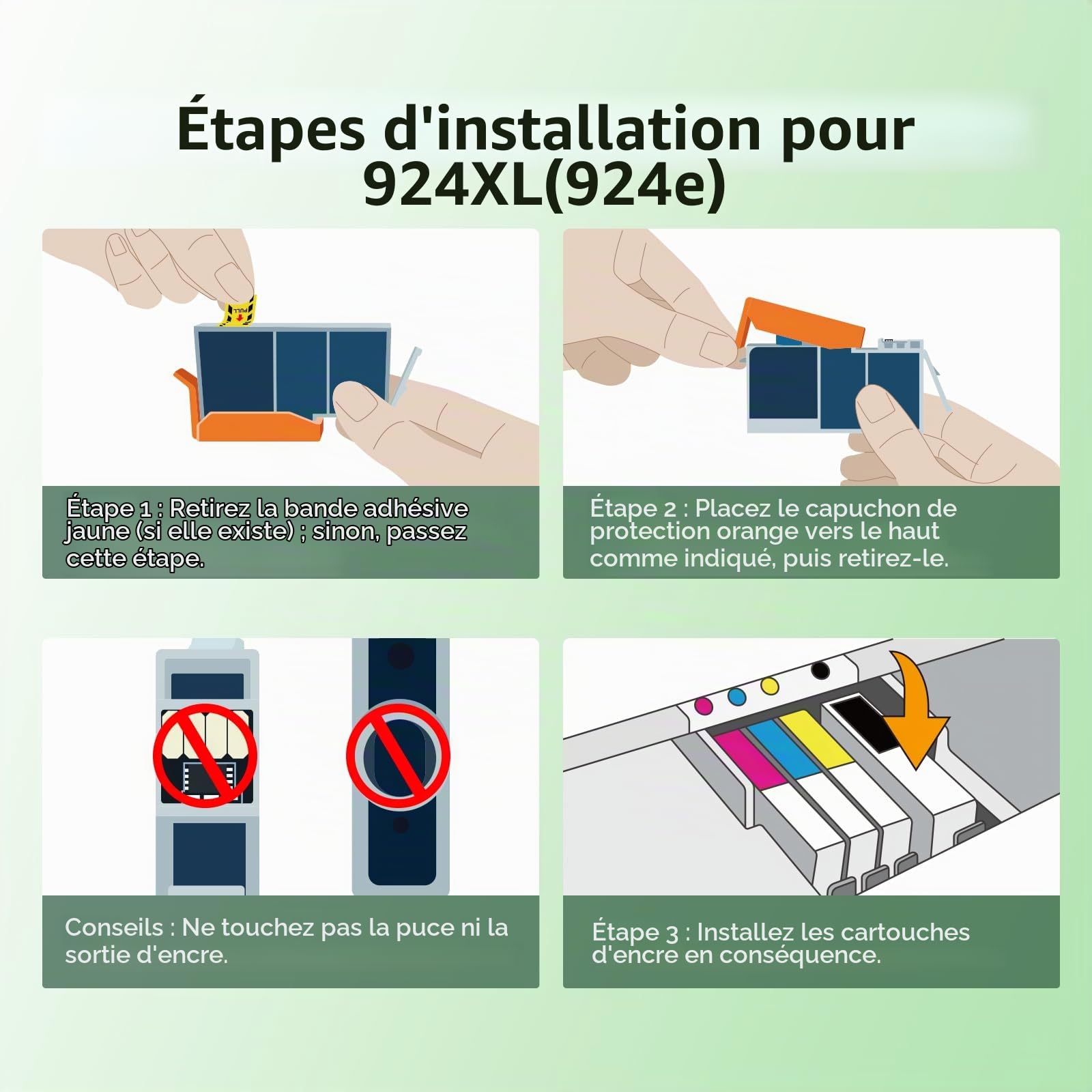 Cartouche 924 924XL 8132e 8122e pour HP 924 Pack de 4 Cartouches 924e | Compatible pour HP924 OfficeJet Pro 8122e 8132e 8120e 8130e 8124e 8120 8130 Imprimantes avec Puce (Noir Cyan Jaune Magenta)