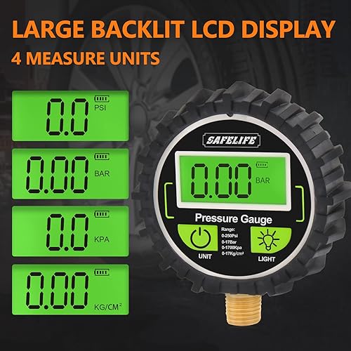 Miniatura 3 de Medidor digital de presión de neumáticos, medidor de presión de aire digital de tamaño de dial de 2-12 pulgadas con conector inferior NPT de 14