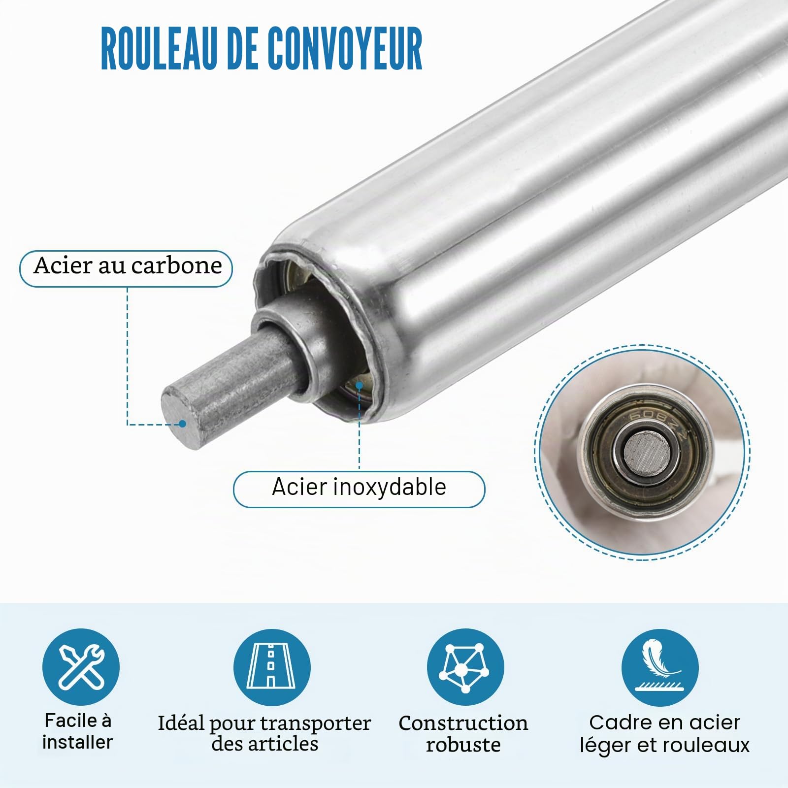 QUARKZMAN Rouleau de Convoyeur en Acier Inoxydable Diamètre 25mm Longueur 400mm Pièce de Rechange Gravitaire à Embouts Galvanisés (Argent, Pack de 2)