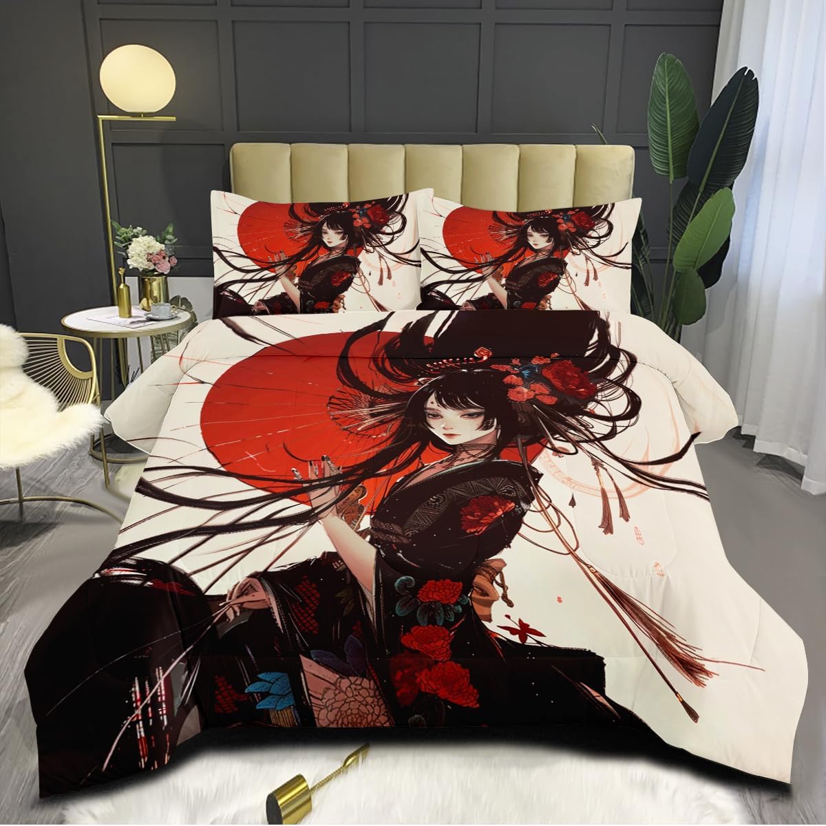 Japanese Style Full Comforter Set - Vintage Black Red Bedding With Kimono Down Comforter, Maiko Quilt - 3 Pcs Soft Microfiber Decorative Bed Set