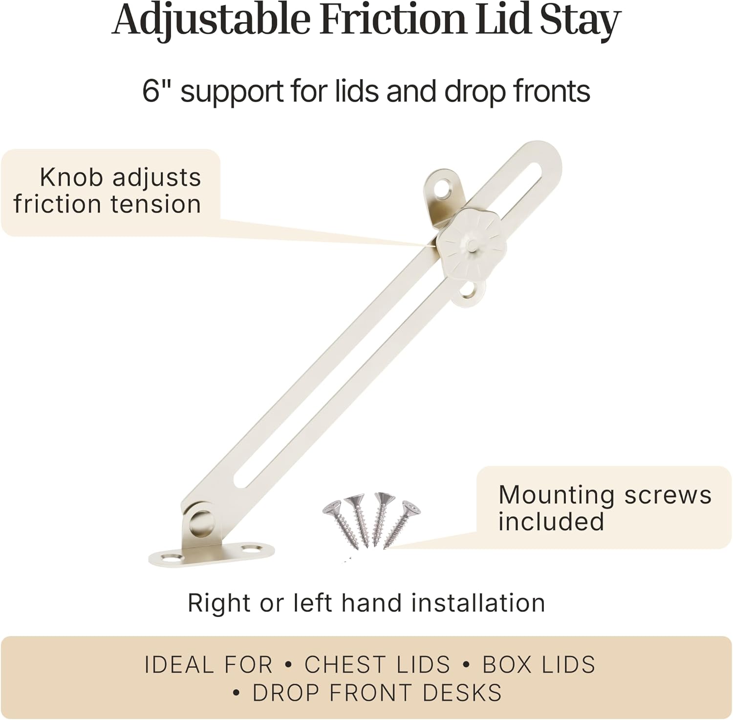 6" Unichrome Adjustable Friction Lid Stay | Right or Left Hand | with Knob for Adjustment | Lid Support Hinge for Antique Furniture | TT4-SCH