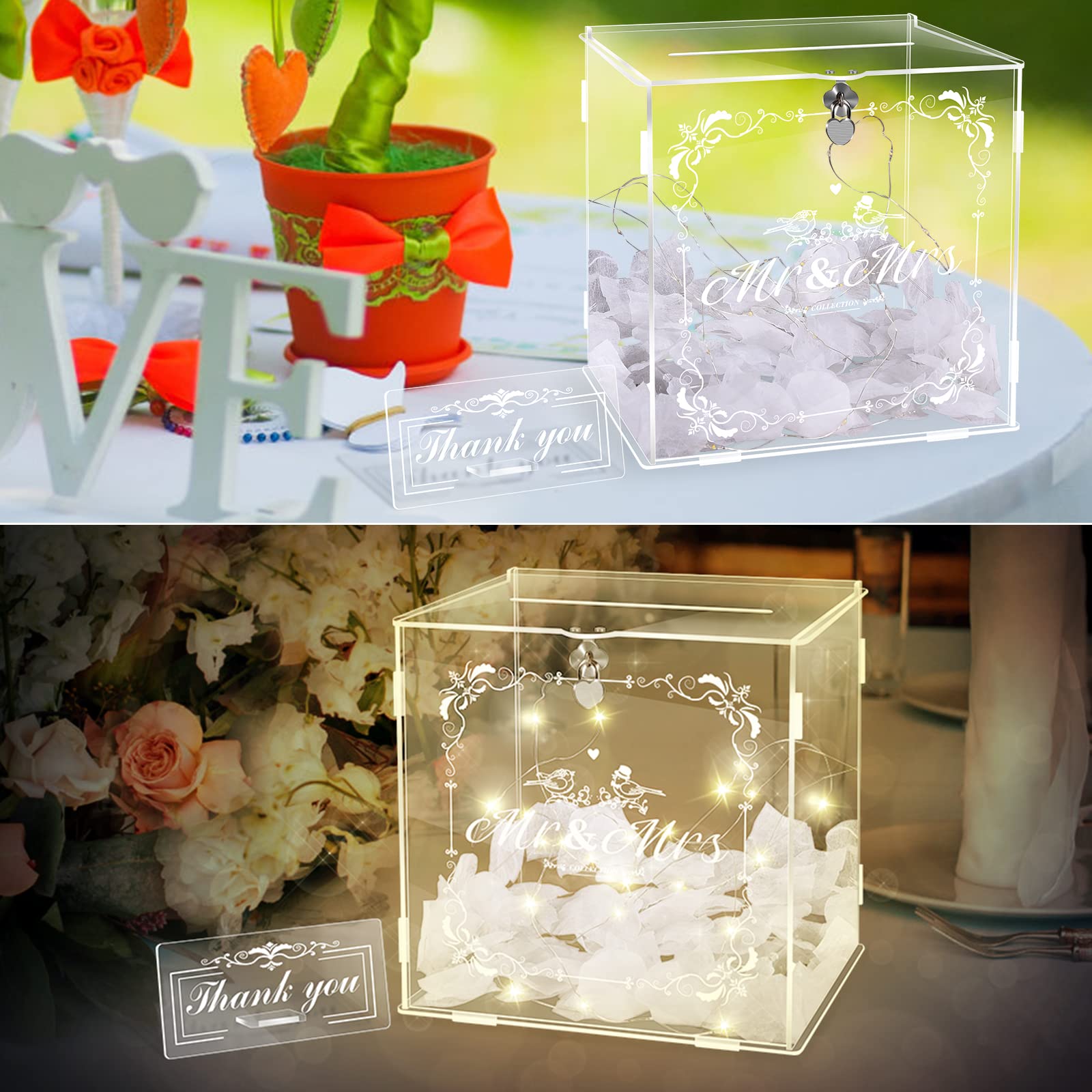 Herenear Boîte à Cartes de Mariage en Acrylique, Boite à Enveloppe avec Serrure pour Anniversaire, Fête, Réception