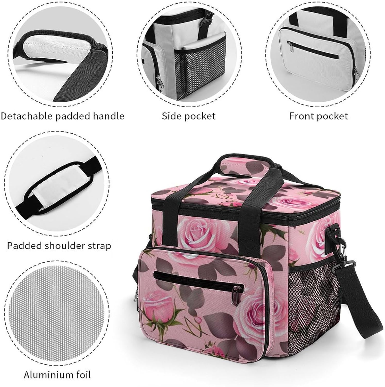 Large-Capacity Oxford Cloth Pretty Pink Roses Printed Camping Ice Bag, Outdoor Portable Insulation and Cold Storage Bag, Enjoy A Cool Camping Time