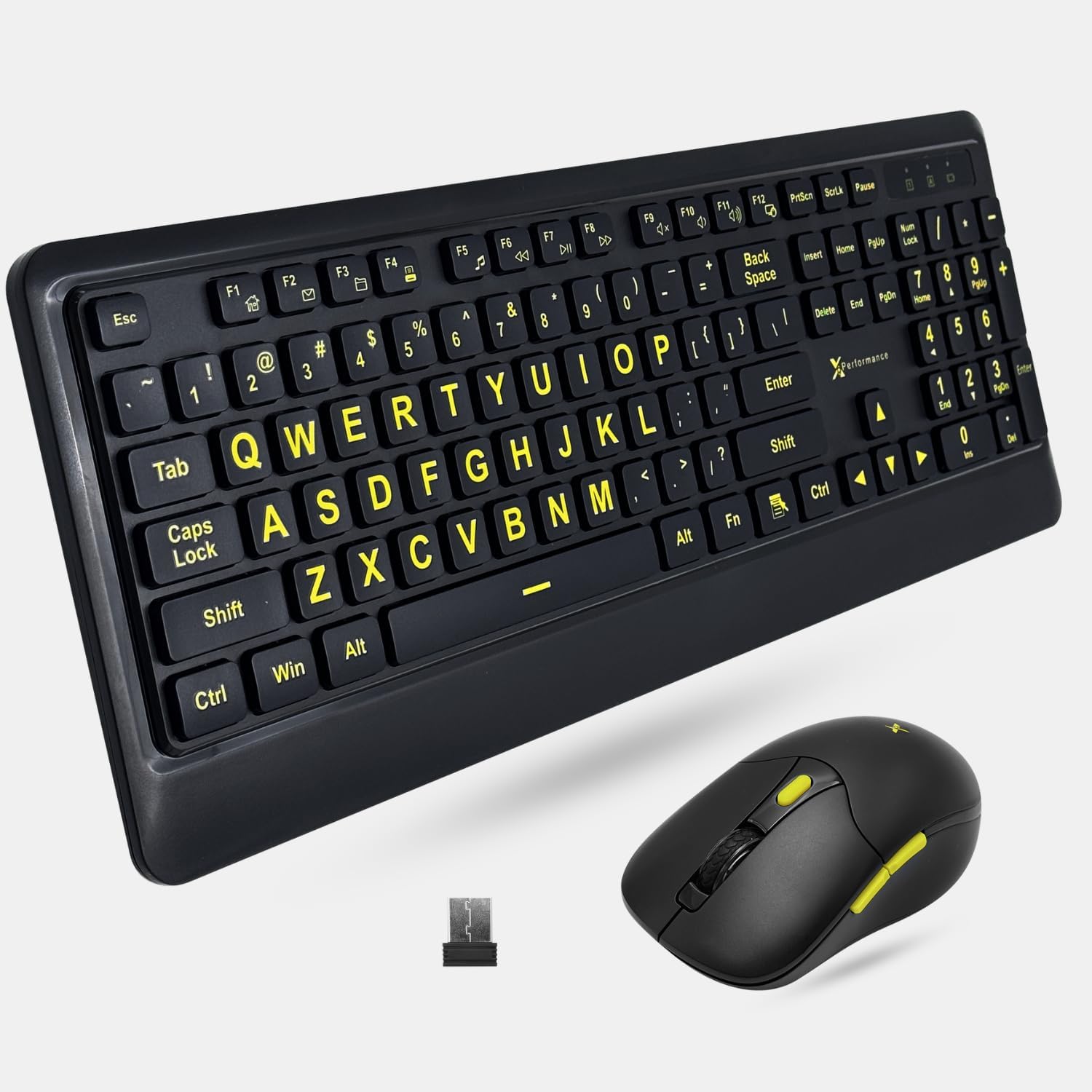 X9 Performance Large Print Keyboard and Mouse Wireless Combo - 4x Larger Oversize Letters for Seniors and Low Vision Users - 2.4Ghz Wireless Mouse and Keyboard Combo for PC - Yellow High Contrast Font
