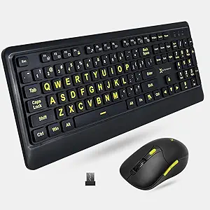 X9 Performance Large Print Wireless Keyboard and Mouse Combo - 4X Larger Oversize Yellow Letters for Seniors and Low Vision Users - 2.4Ghz Wireless Mouse and Keyboard Combo for PC