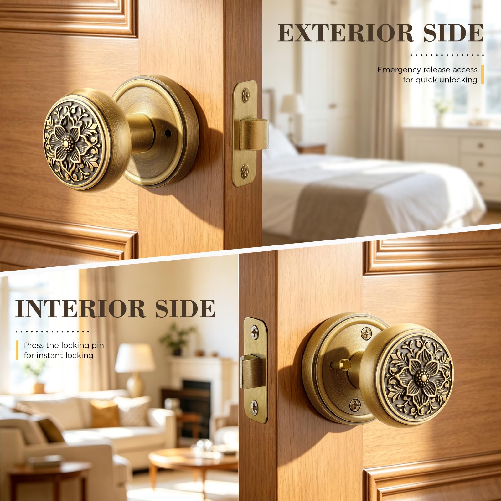 Antique Brass Privacy Door Knob - Solid Brass -3
