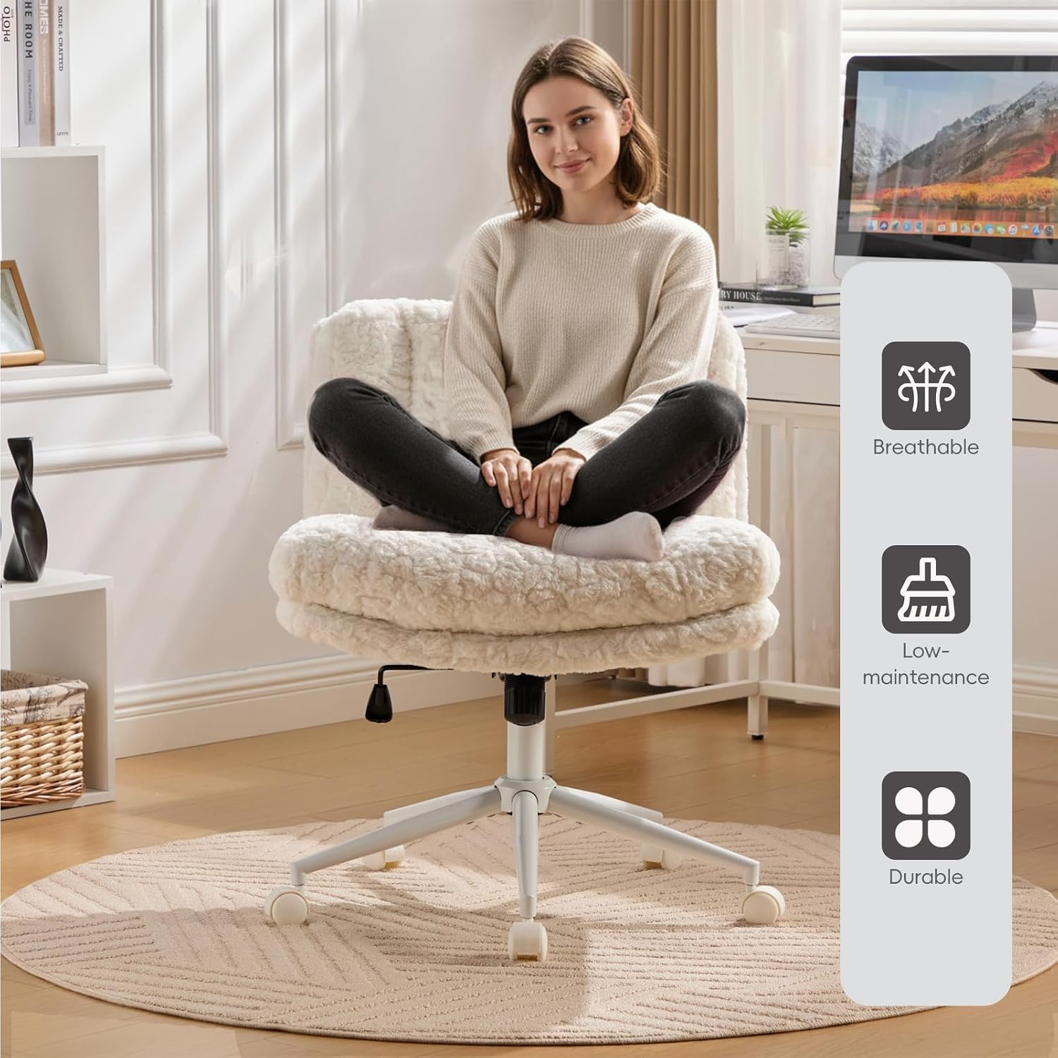 Upgraded Plush Faux Fur Criss Cross Office Vanity & Desk Chair with White Metal Base – Extra-Wide Seat & Tilt Backrest, Adjustable Swivel Makeup Chair for Bedroom, Study & Home Office, Cream
