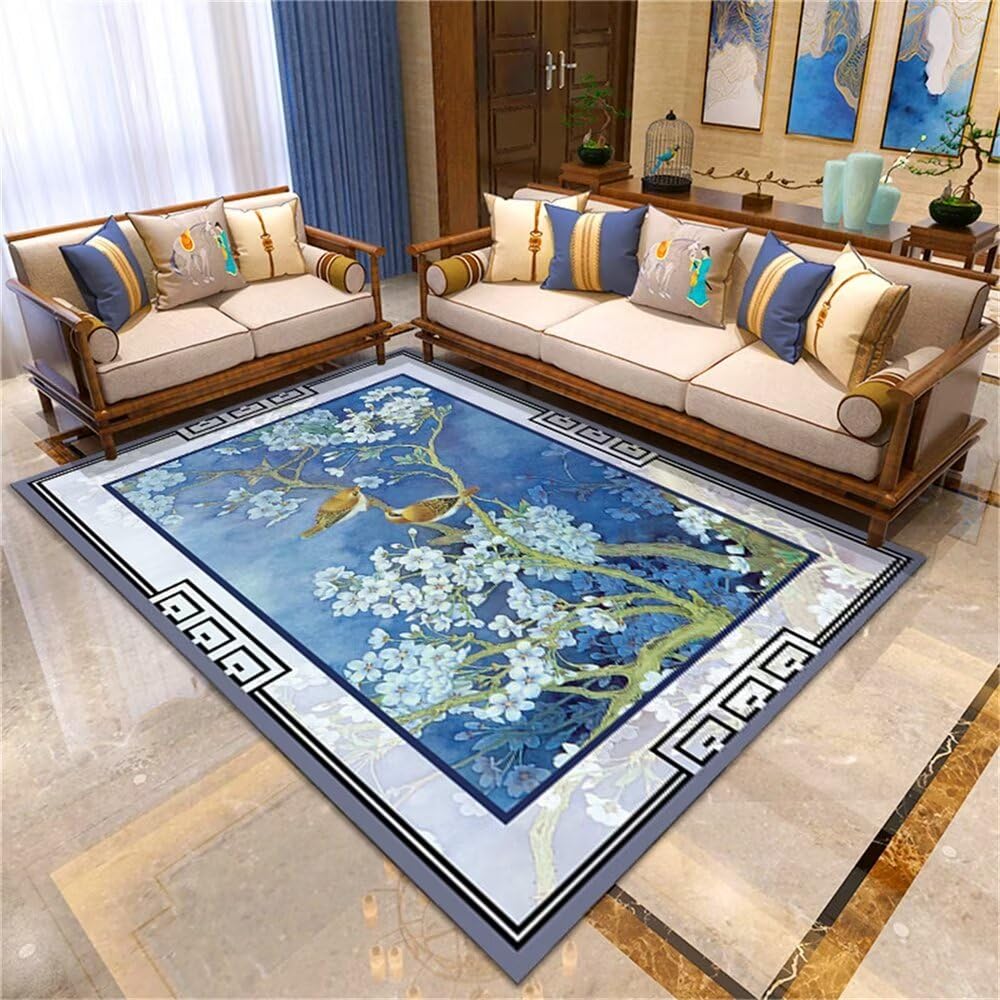 Tapis moderne salon lavable et décoration terrasse extérieur florale bleue 100x200