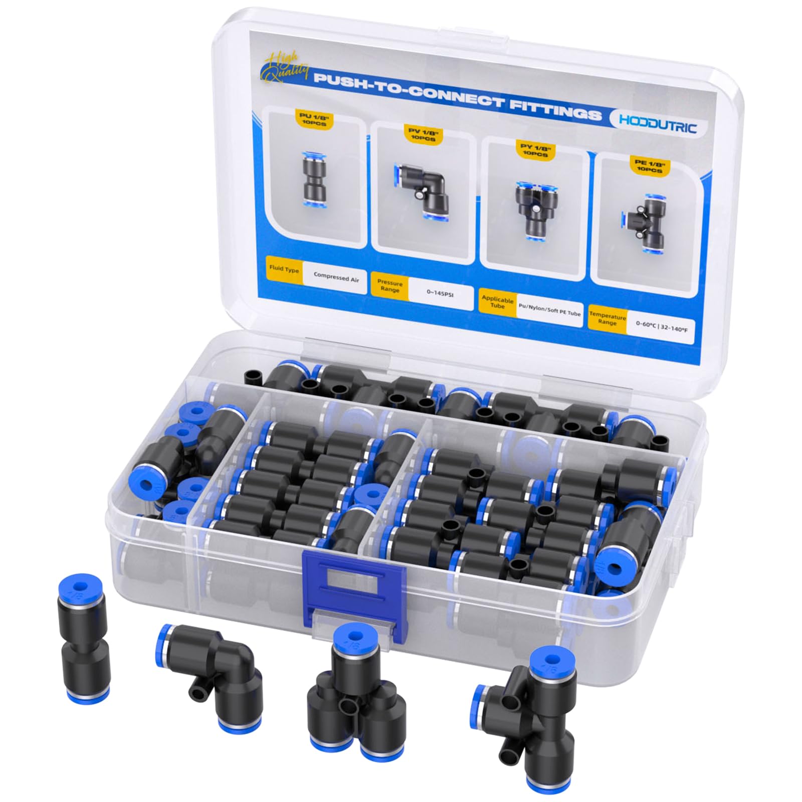 Hoodutric 40Pcs Quick Connect Air Hose Fittings Kit, 1/8 inch OD 10 Straights +10 Tees +10 Elbows +10 Splitters Push to Connect Fittings Pneumatic