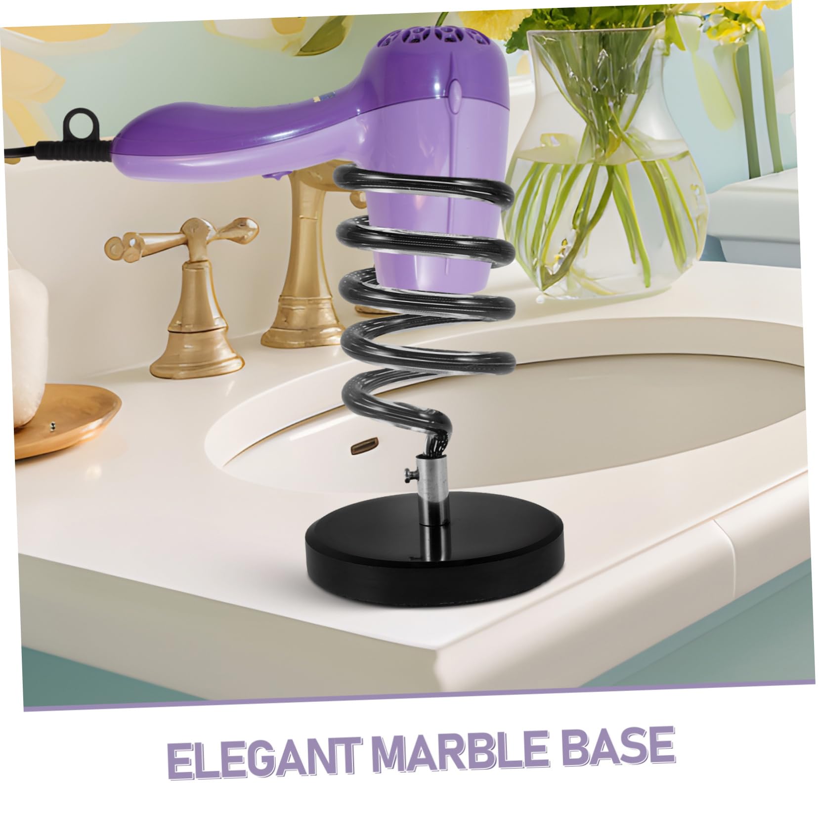 FRCOLOR Supporto per Asciugacapelli da Tavolo, Base in Marmo Nero, Design a Spirale, Organizzatore per Cavi, Uso Bagno e Salone