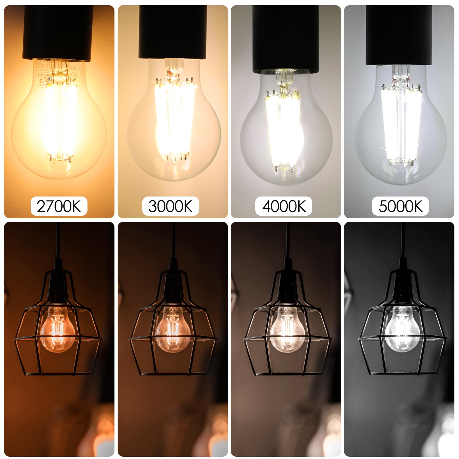 Energetic - Bombilla LED Edison A19 regulable, equivalente a 12 W, 100 W, 1600 lm de alto brillo, luz diurna 5000 K, bombilla de filamento LED transparente antigua para el hogar, baño, base estándar