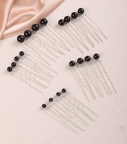 Miniatura 6 de Xerling 20 horquillas de pelo de perlas negras para novias, bodas, accesorios para el cabello vintage para niñas y mujeres bohemias (negro)