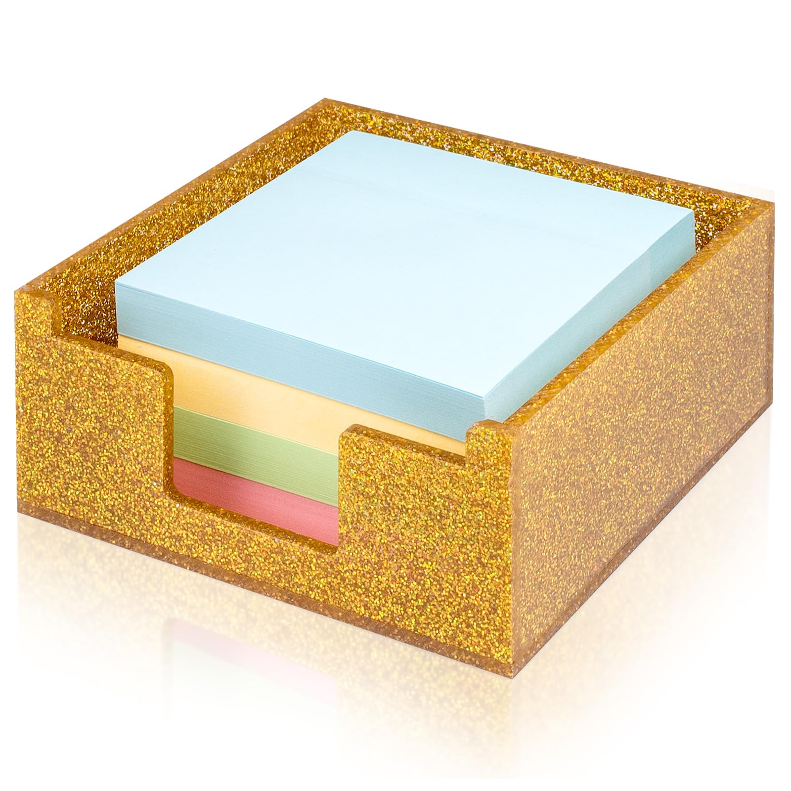 Luminzo Acrylic Sticky Note Holder 4x4in Tray for Desk, Gold Glitter