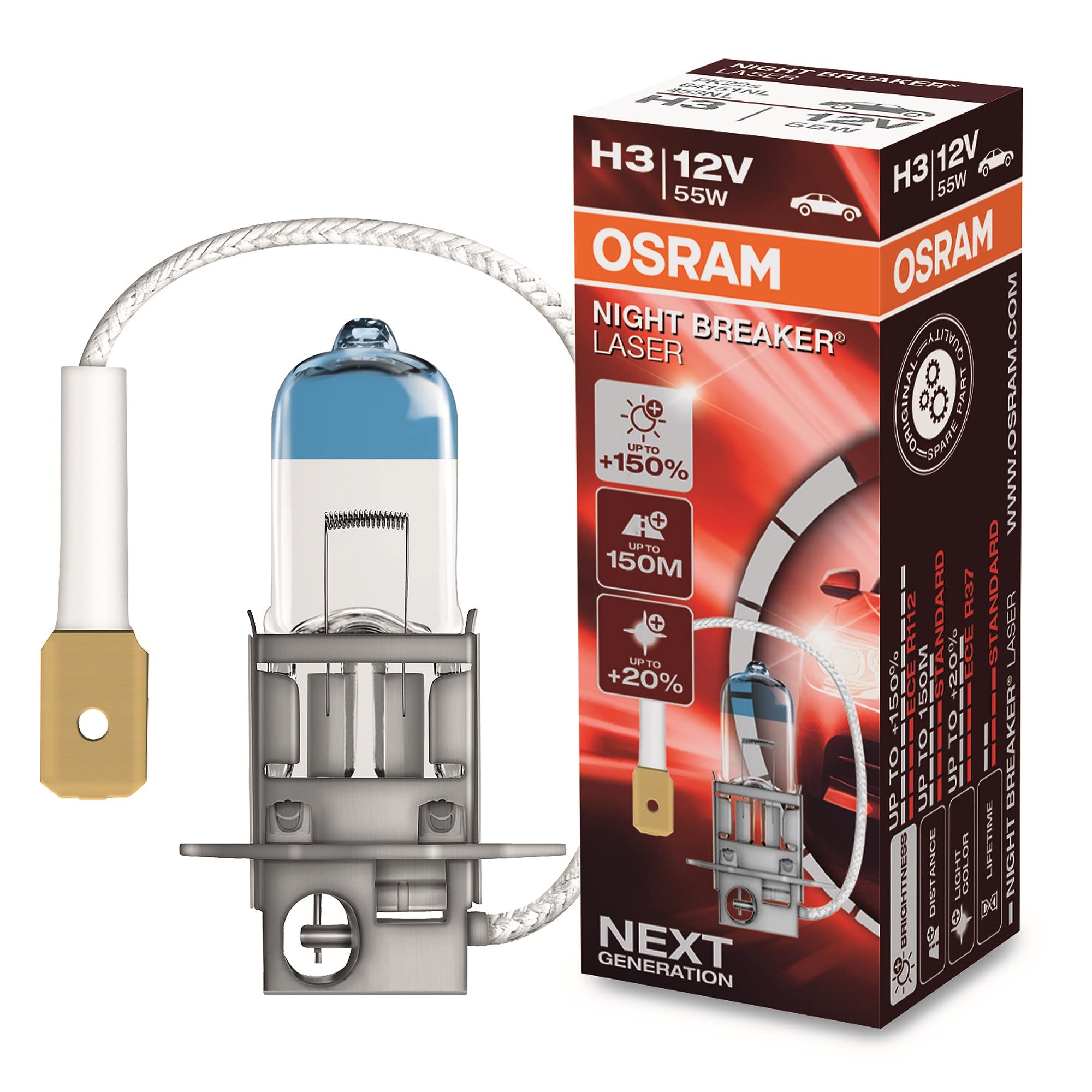 OSRAM NIGHT BREAKER LASER H3, +150% more brightness, halogen headlight lamp, 64151NL, 12V passenger cars, Folding box (1 lamp)