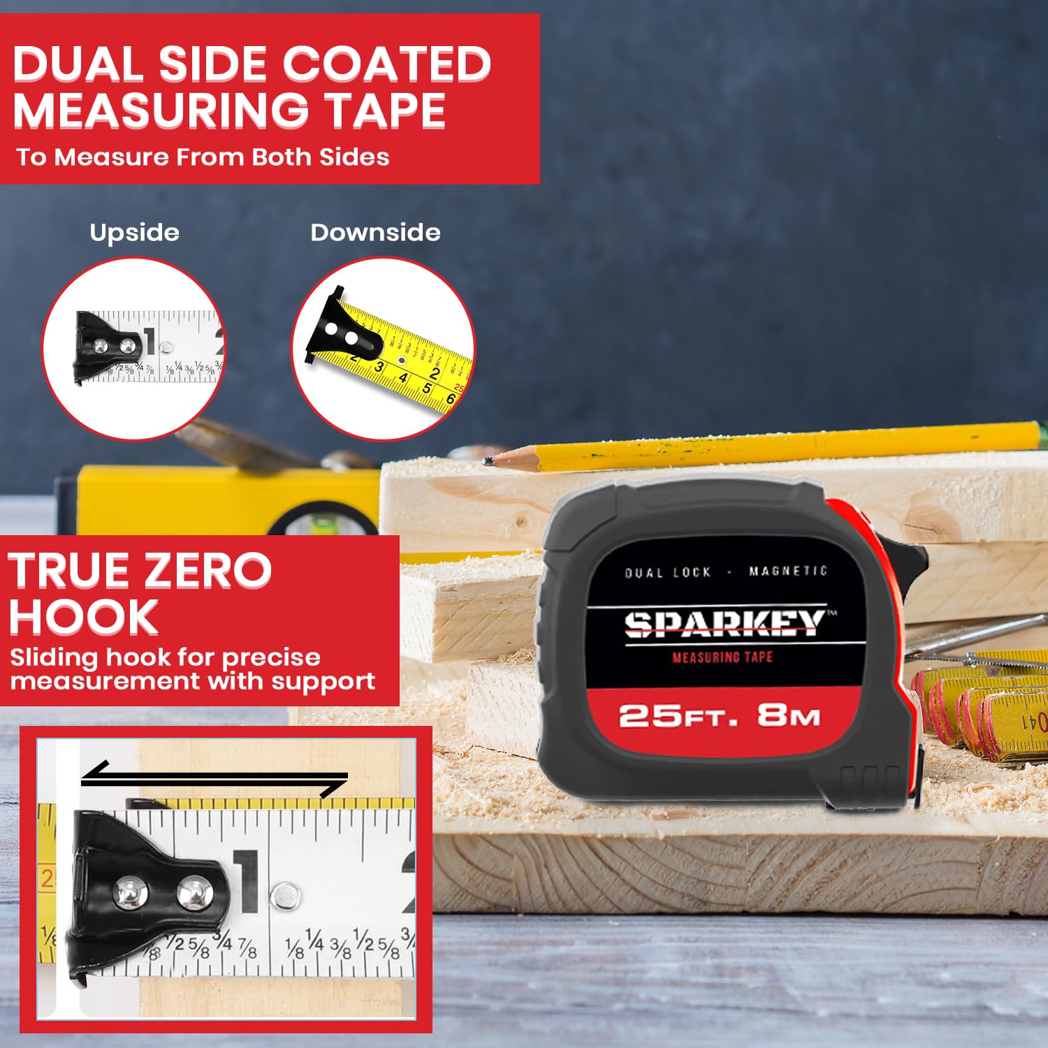 Sparkey Cinta métrica magnética retráctil, cinta métrica de 25 pies/8 m, herramienta de medición dual con cierre magnético y doble bloqueo, cinta eléctrica absorbente de golpes para construcción,