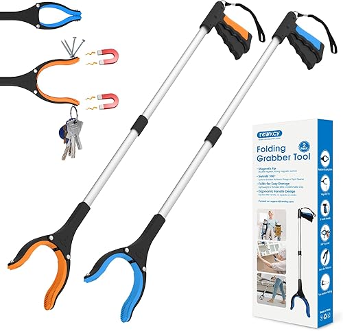 Herramienta de agarre de 34 pulgadas, paquete de 2 herramientas de recogida plegables con mandíbula giratoria de 360° e imanes, herramienta de