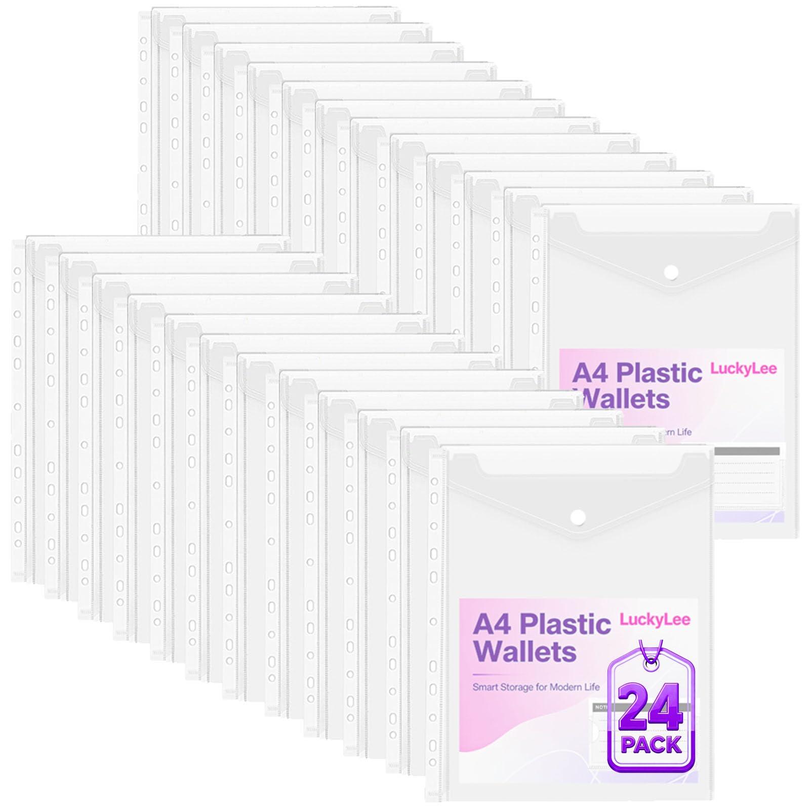 Punched Pockets A4 Clear Plastic Wallets Binders Folders, 24PCS Envelope Wallets with 11 Holes, Document Binder Pocket Pouches with Hook and Loop Closure, Label Pocket for School Office