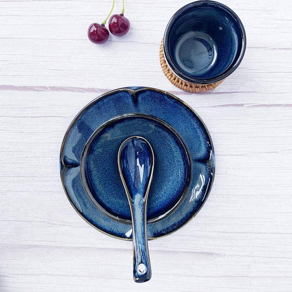 Ceramiczna zastawa stołowa, 16 sztuk Retro niebieska porcelanowa zastawa stołowa zestaw miska ceramiczna płyta łyżka i kubek serwis dla 4 osób szykowny wystrój