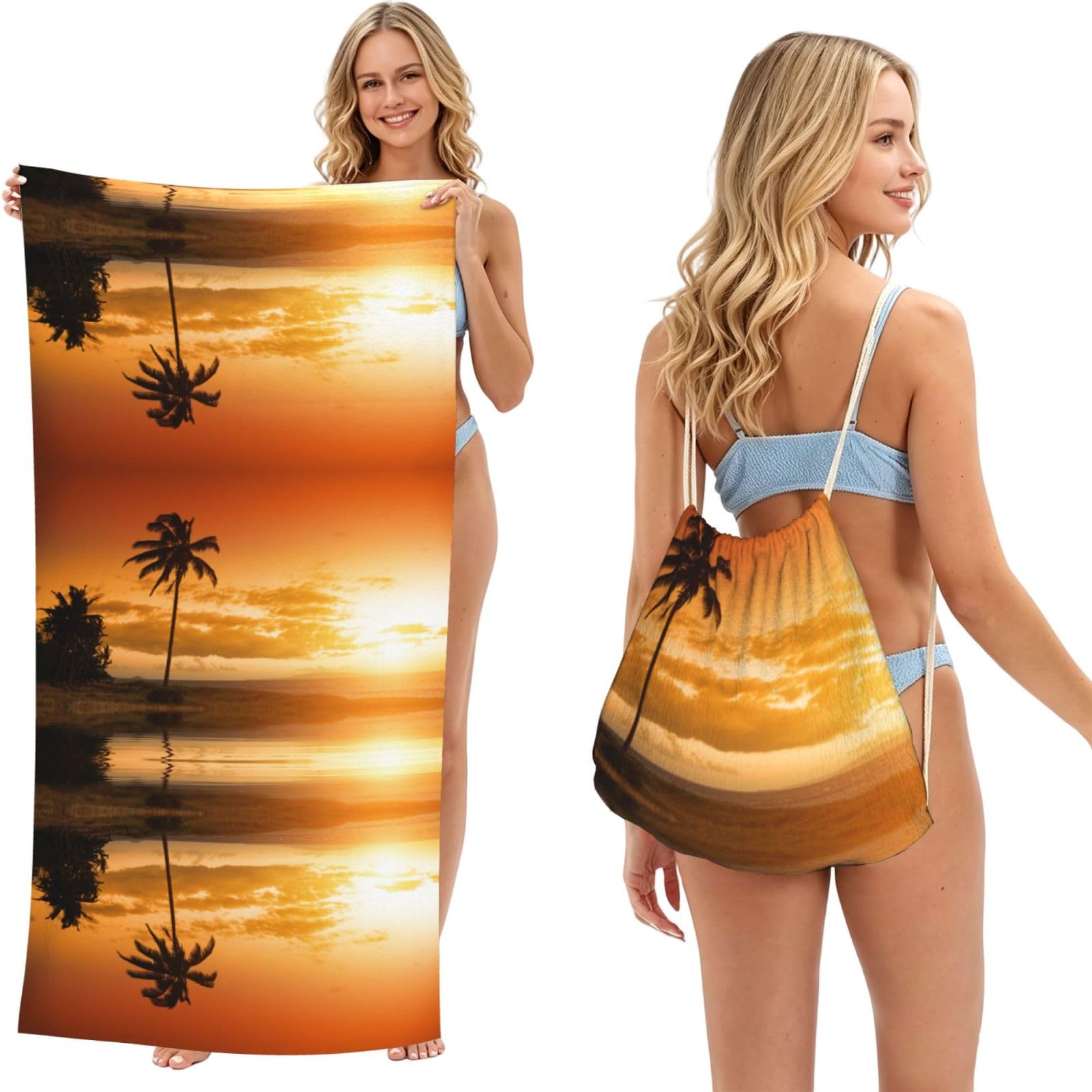 SATUSA Palm Tree Sunset Print 2-In-1 Foldable Beach Towel Backpack â€“ Camping, Yoga And Travel,Bath Towel With Built-In Storage, Convertible Beach Mat & Carry Bag
