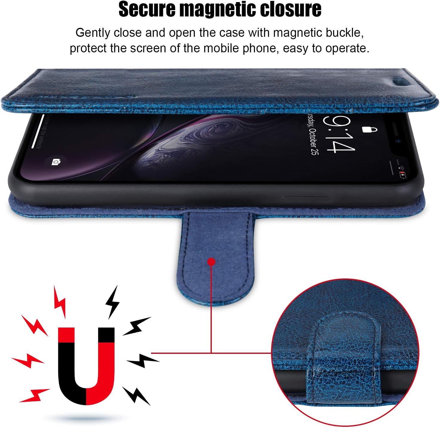Authеntіс Crаzу Dеаlѕ JISONCASE Leather Wallet Case for iPhone XR, Flip Genuine Leather Cover with Kickstand, Cash Slot, Magnetic Closure and Wireless Charger for Apple iPhone XR, 6.1, Blue