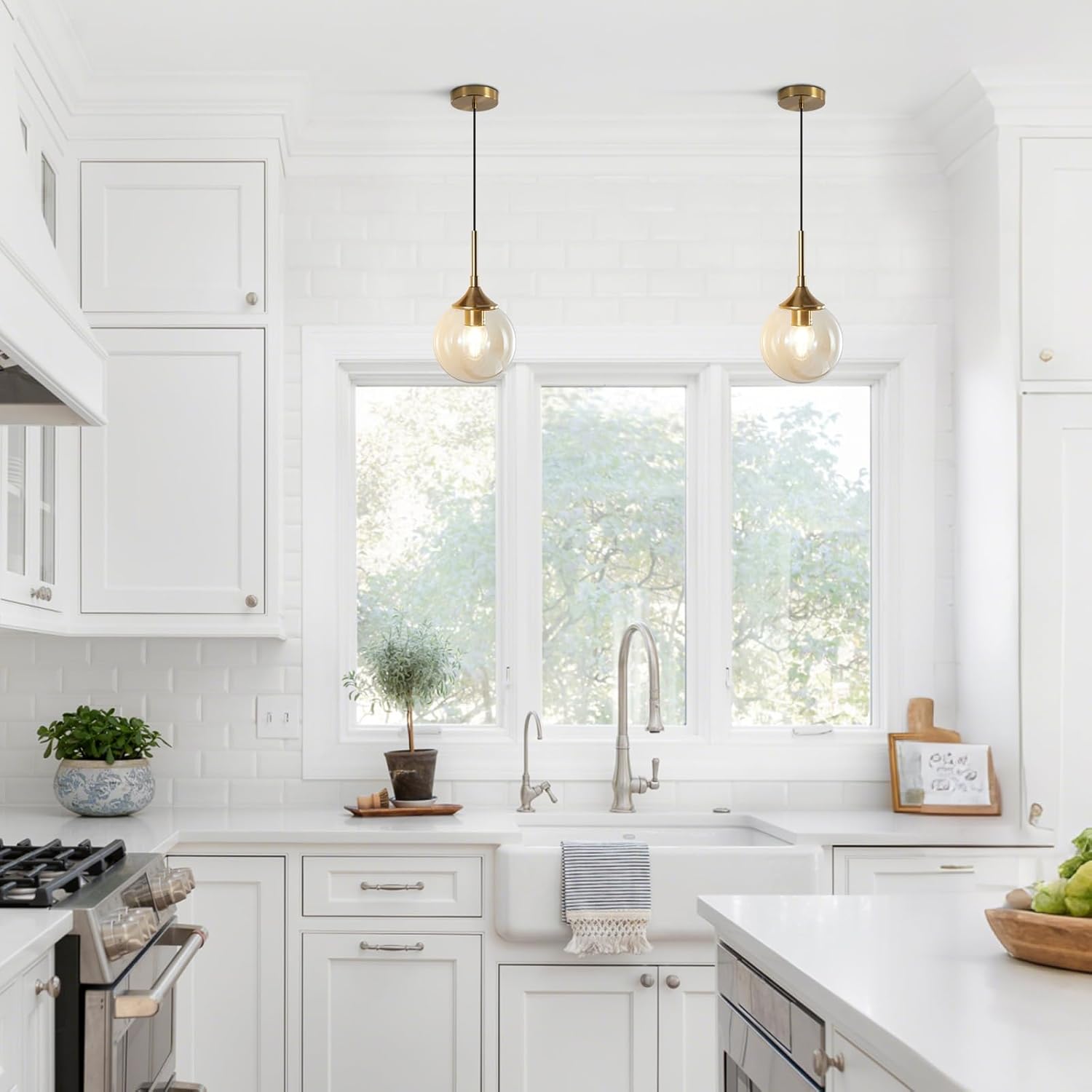 KCO Lighting Mid Century Modern Pendant Chandelier Amber Glass Hanging Lamp Gold Globe Pendant Lights Kitchen Island Brushed Brass Pendant Light Large Kitchen Pendant Lighting Over Island