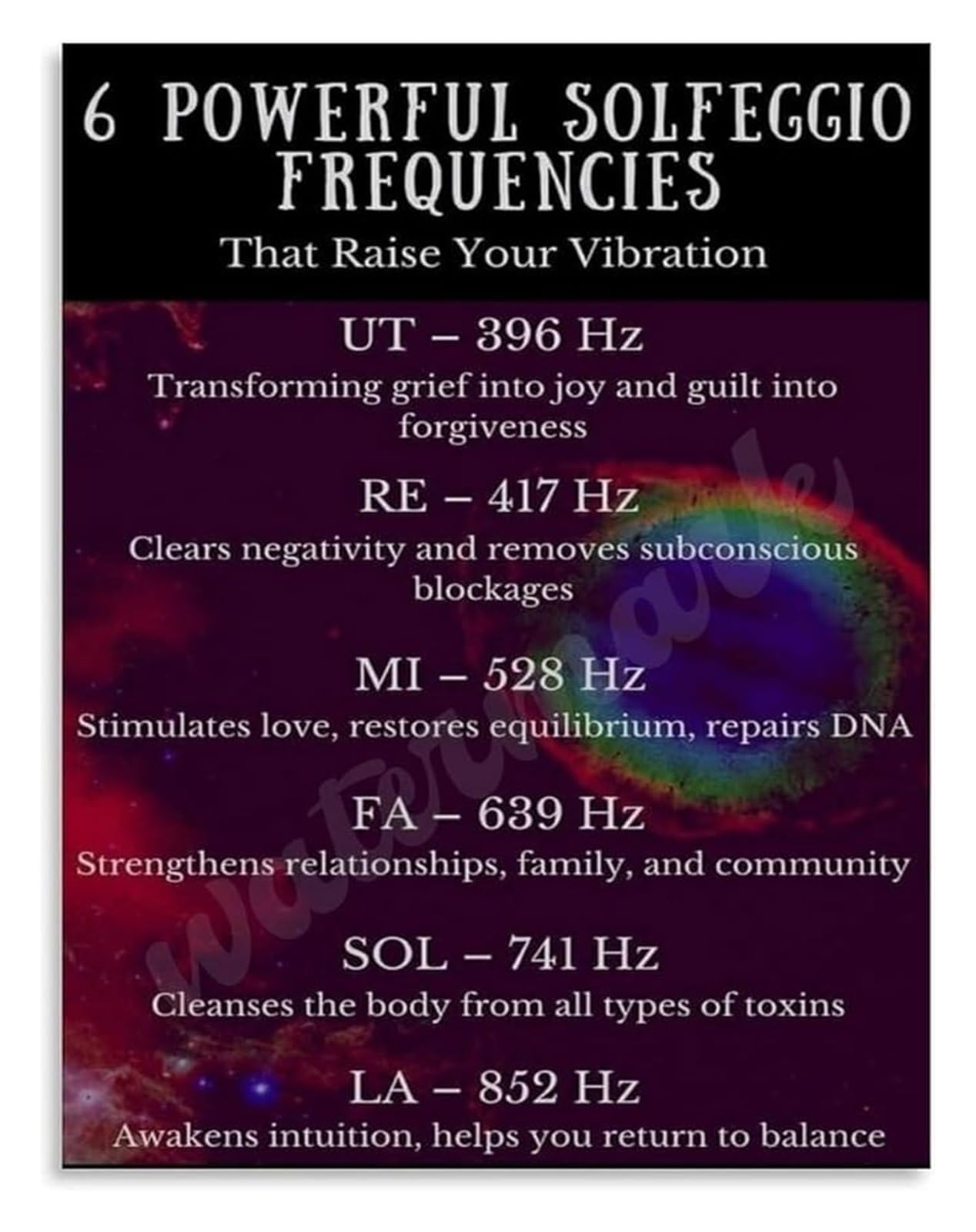 REIUAFWYGV Six Solfeggio Frequencies Poster Chart for Raising Vibration and Consciousness Reference Art(Unframed,16x24inch(40x60cm))