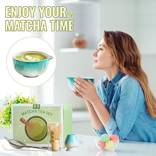 Miniatura 6 de Juego de batidor de matcha, juego de 5 piezas de matcha azul, kit de matcha con cuenco matcha, batidor de matcha y soporte, cuchara de bambú, tamiz