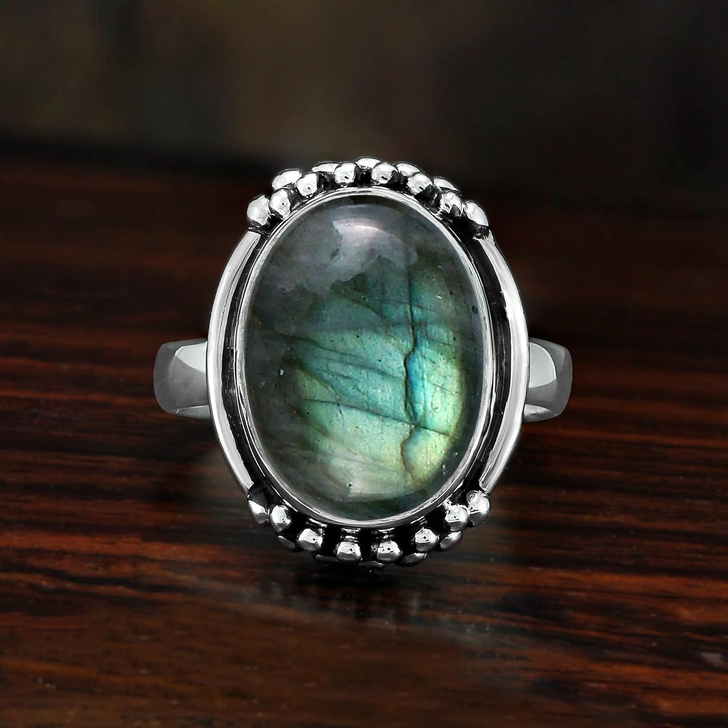 Natural Labradorite/Moonstone/Rose Quartz/Malachite 925 Silver Plated Rings for Women, Oval Shape Gemstone Vintage Style Birthstone Jewelry Handmade Statement Ring, Gift for Mom Wife Sister