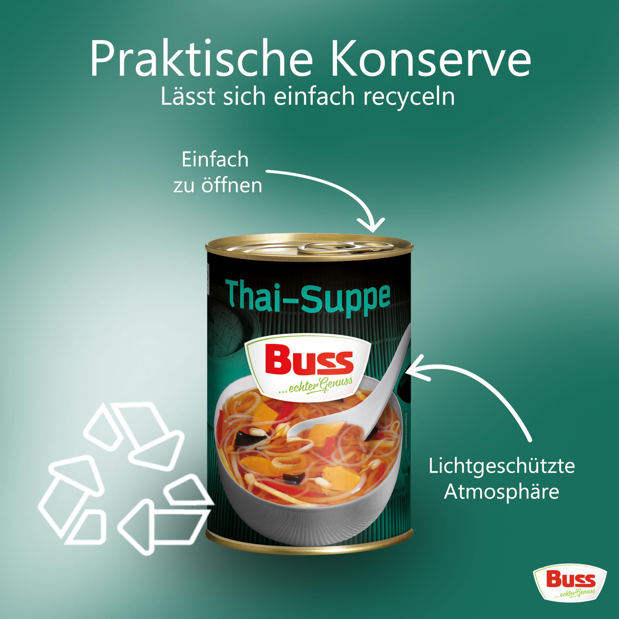 Buss Asia Suppen - Leckere Thaisuppe Bangkok, 12 x 400g | Suppe mit Gemüse, Glasnudeln und Hühnerfleisch - Schnelle Fertiggerichte zum Aufwärmen in Mikrowelle & Topf