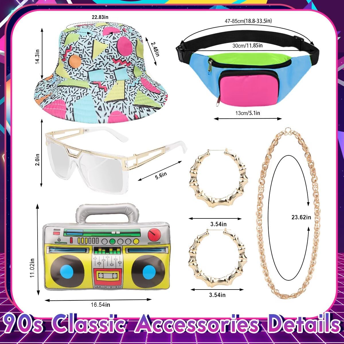 VillbeCoser Women's 80s 90s Outfits Tracksuit Costume Accessories Set, Color Block Windbreaker Jacket Neon Fanny Pack