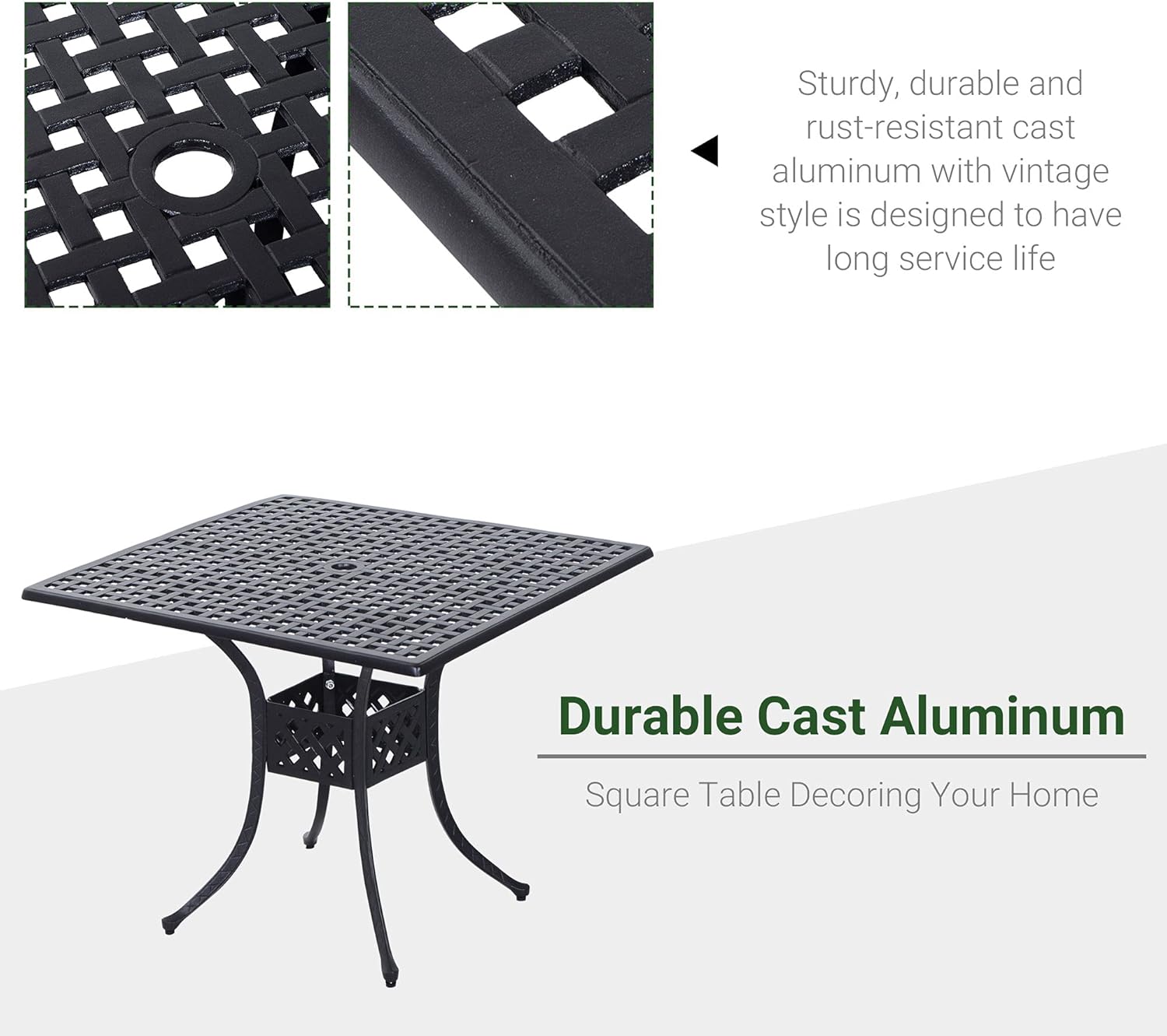 36" Square Patio Dining Table with 2" Dia Umbrella Hole, Cast Aluminum Outdoor Dining Table, Outdoor Bistro Table for Garden, Backyard, Porch, Black