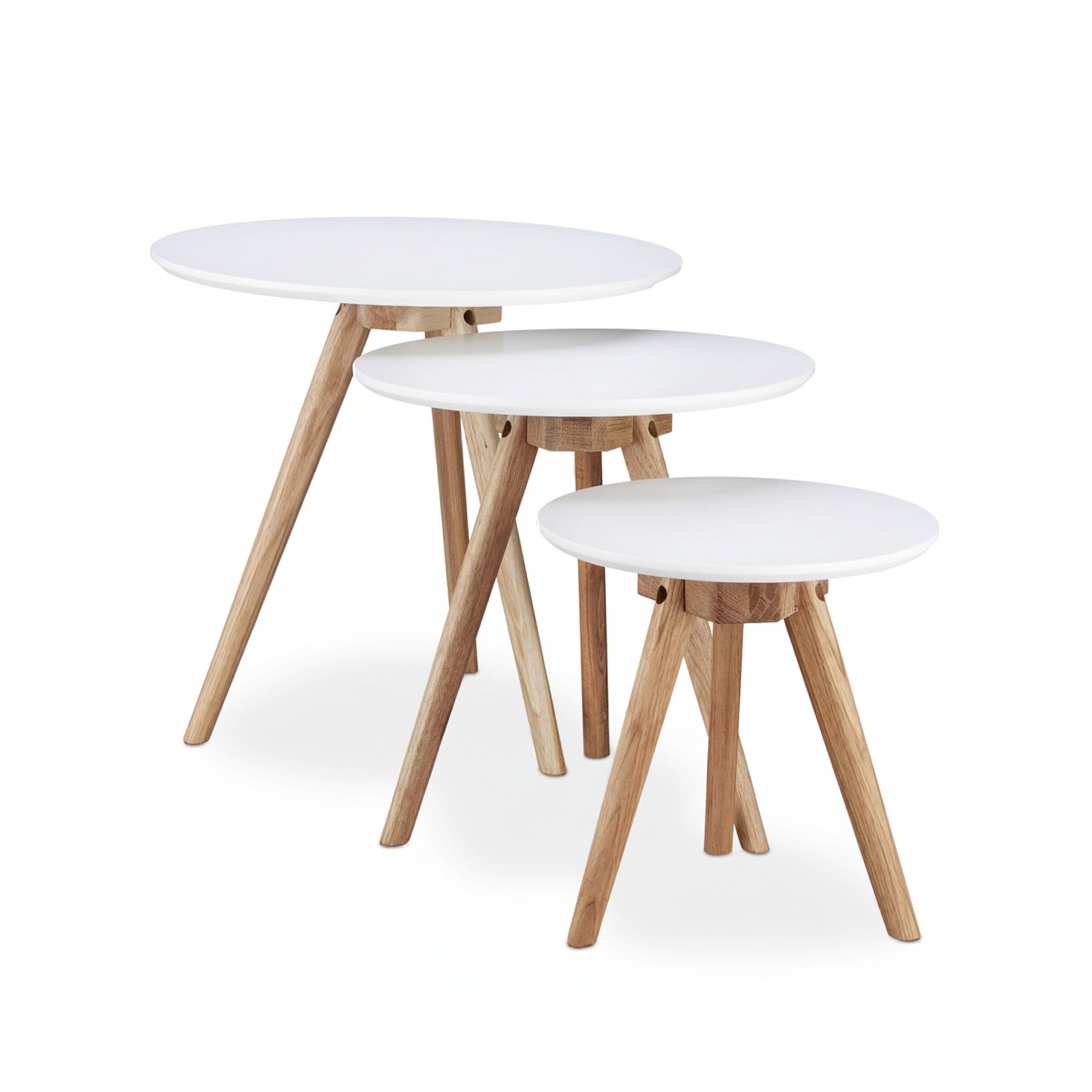 Relaxdays Beistelltisch 3er Set, Beine aus Walnussholz, weiße Tischplatte 50, 40, 32 cm, nordisches Design, weiß / natur