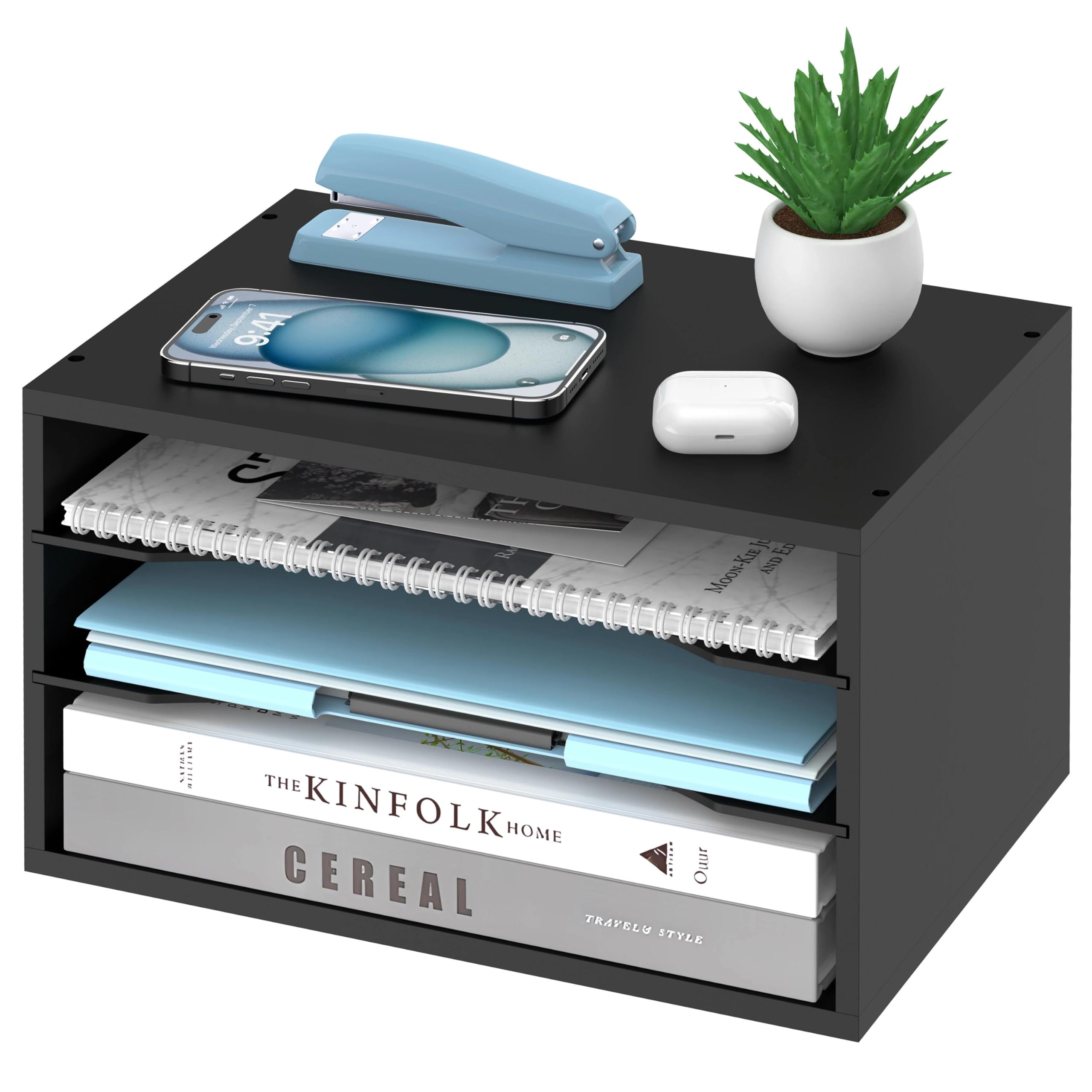 SHARKWOODS Wood Desk Organizer, 3 Tier Paper Sorter for Desktop with Adjustable Storage Shelves, Desktop Mail Holder for Office Home Classroom, Black