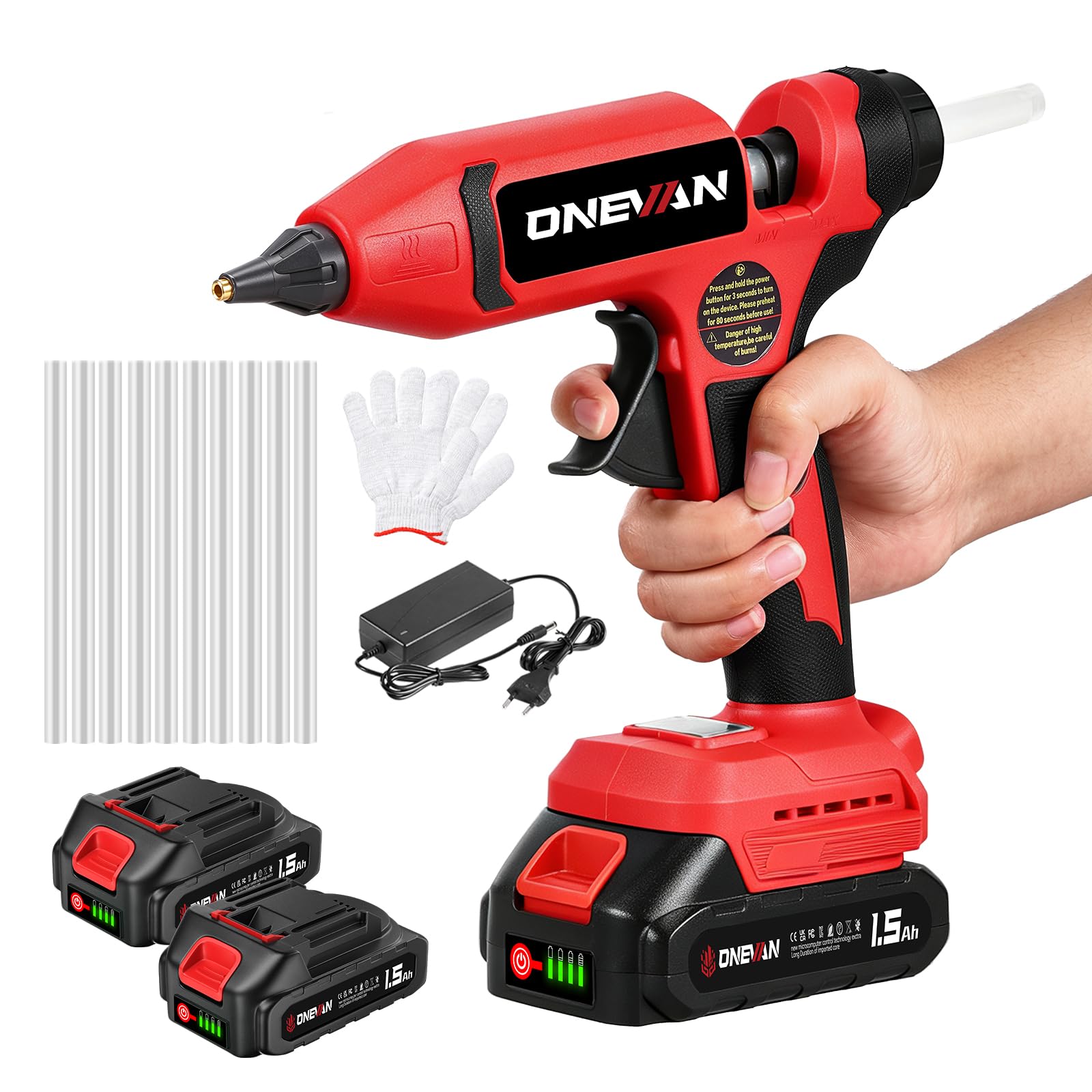 ONEVAN Pistoia Colla a Caldo, 80s Riscaldamento Rapido, Sistema Antigoccia | 25g/min,ugello in rame,Display LCD,fino a 200°C, 2*1,5 Ah batterie (45 min),10 sticks,per artigianato/riparazioni/decorazioni