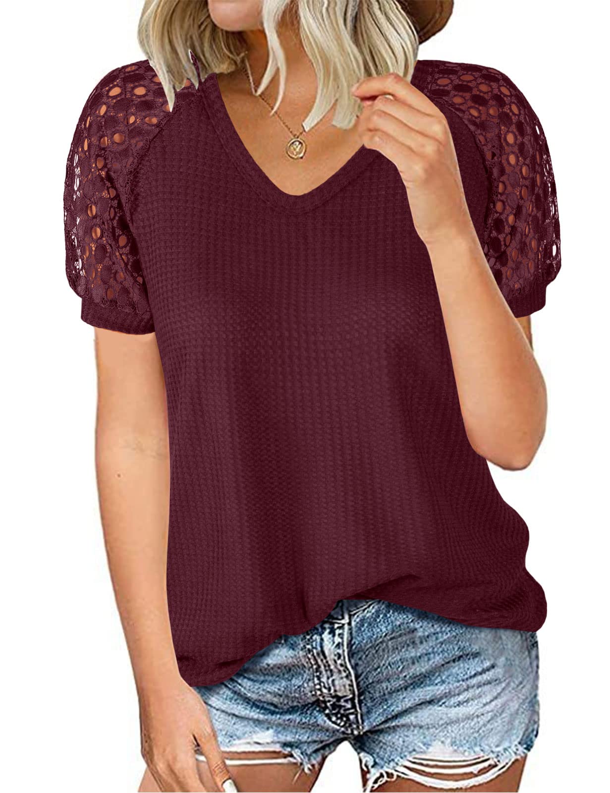 Yuson Girl Camisetas Mujer Manga Corta con Cuello en V Blusas Mujer Verano de Encaje Elegante Básica Top Casual Punto Waffle Camiseta T Shirts Color Liso