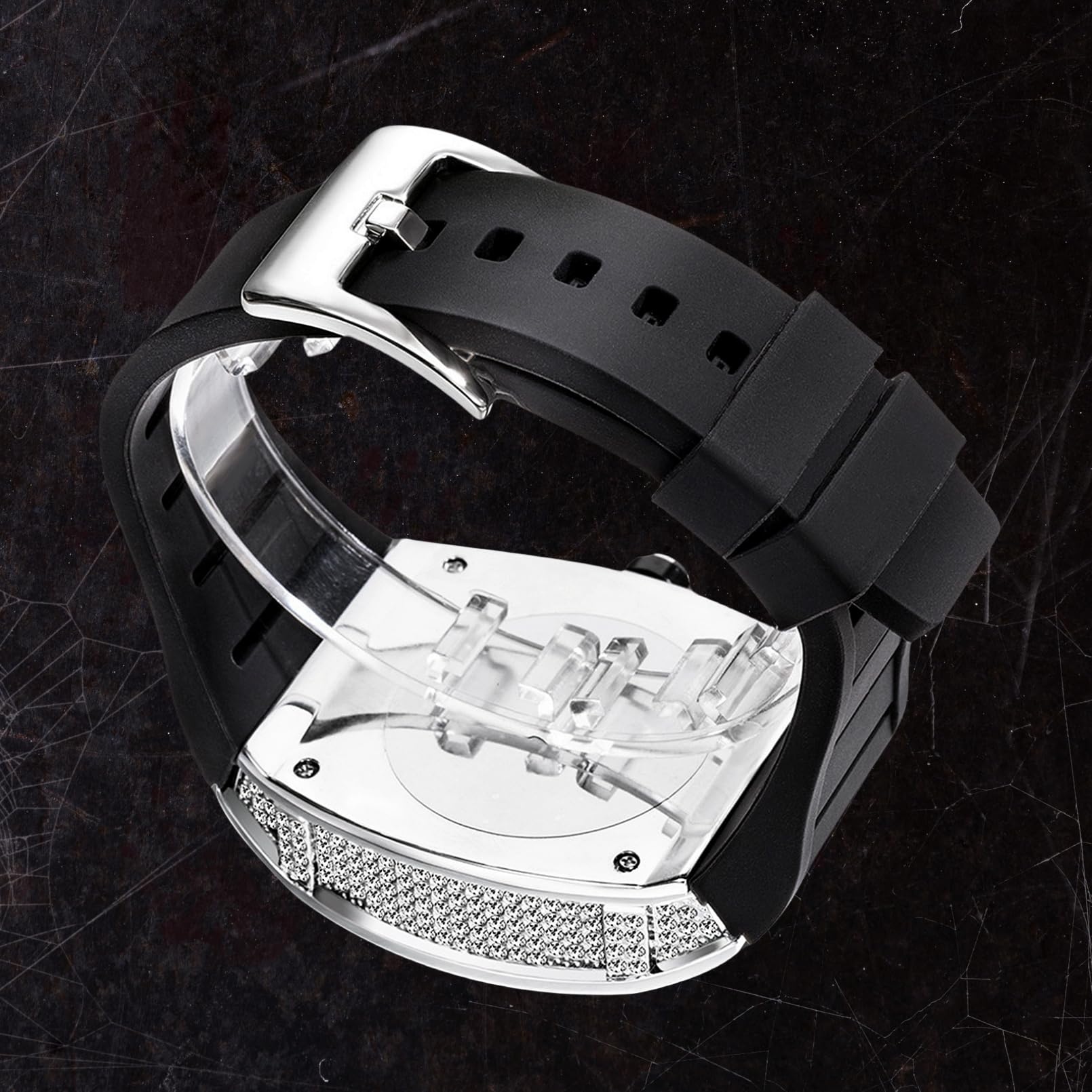 ICEDIAMOND Bling CZ Diamond Skeleton Barrel Dial Orologio al quarzo orologio da uomo con calendario giorno ghiacciato Hip Hop Fashion Watch, Nero-argento, Moda