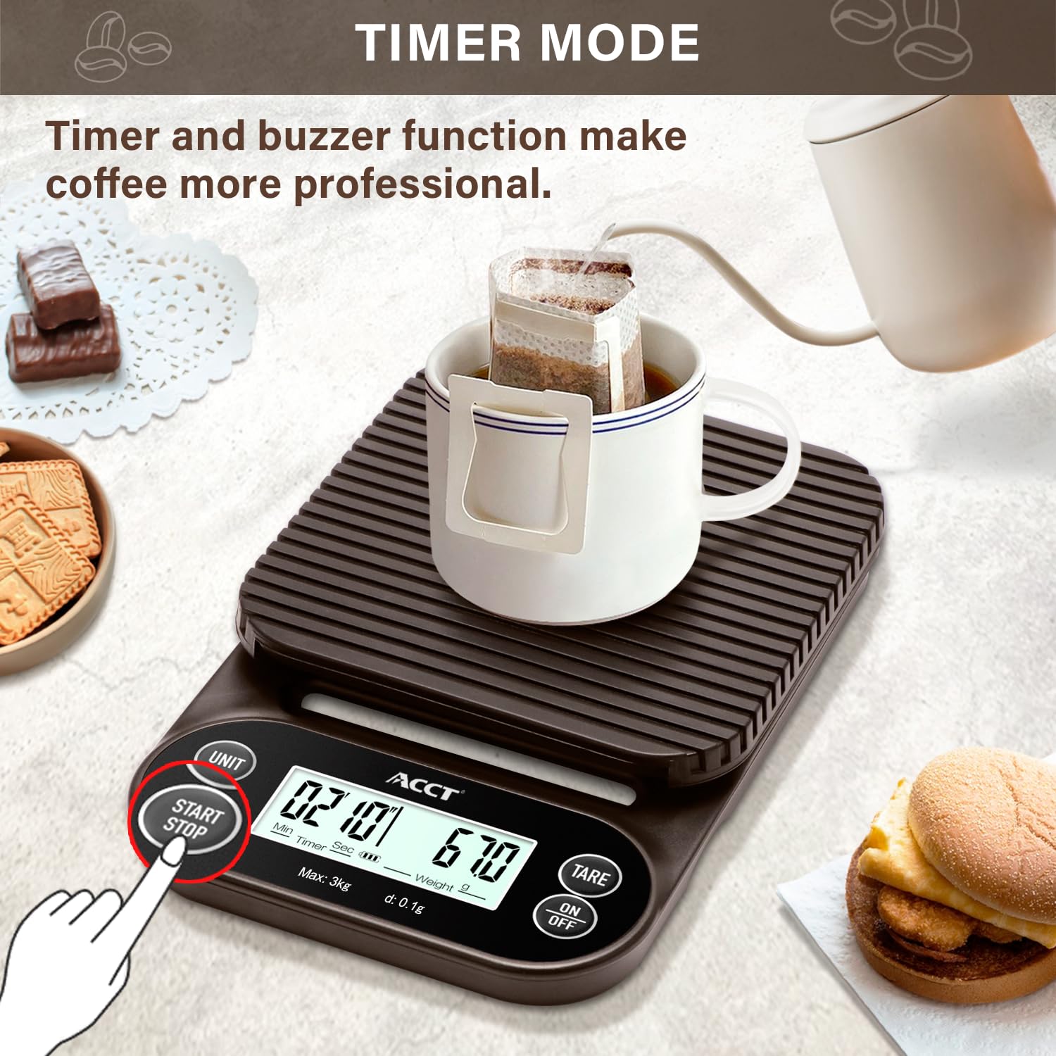 ACCT Koffieweegschaal met timer - 3 kg/0,1 g Barista-weegschaal voor espresso, overgieten en keukengebruik, 4 eenheden, hoge precisieweegschaal met antislipmat