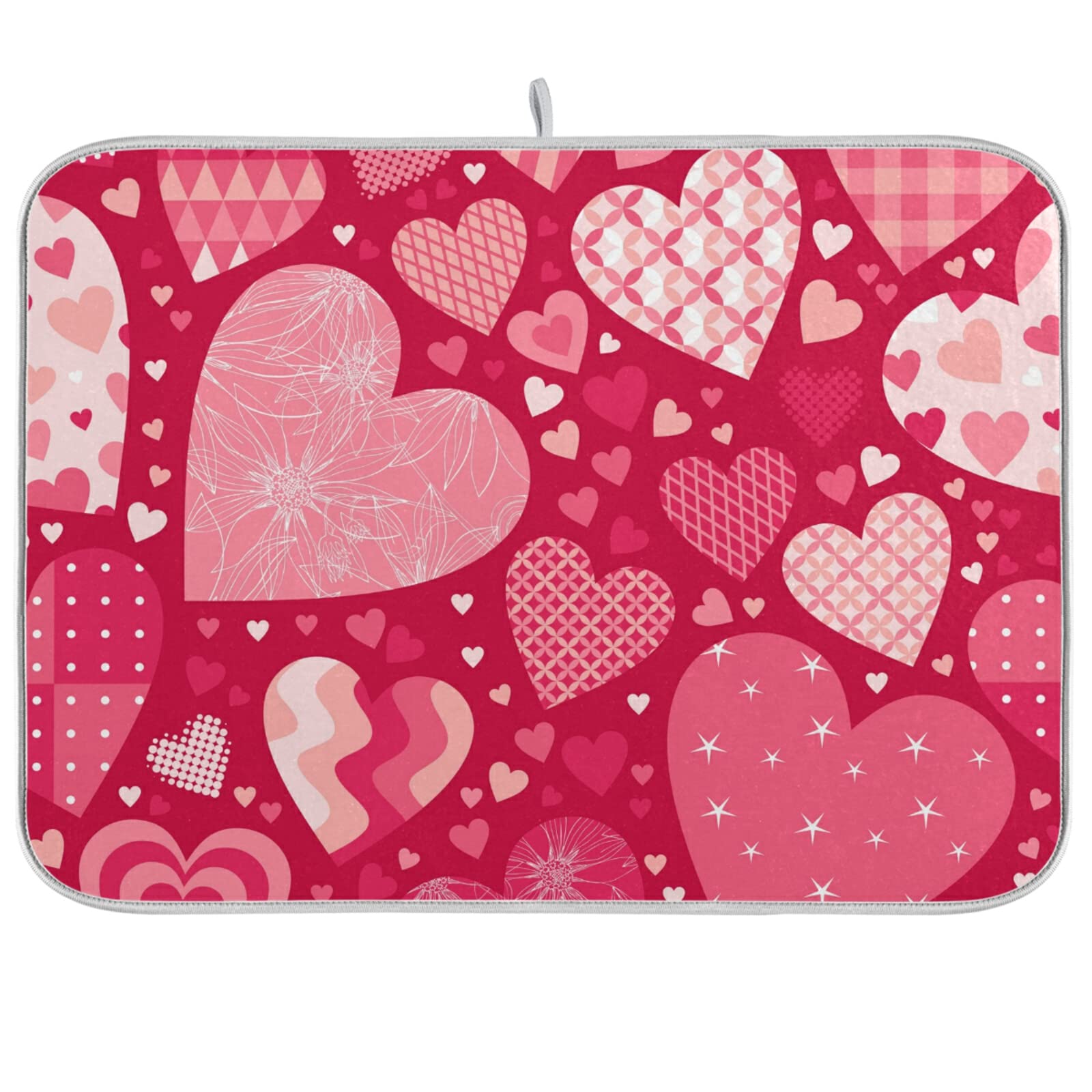 Happy Valentines Love Heart Dish Drying Mat Absorbent Washable Protector Drying Pad Pot Mat for Kitchen Counter Sink Table 18 x 24 Inch