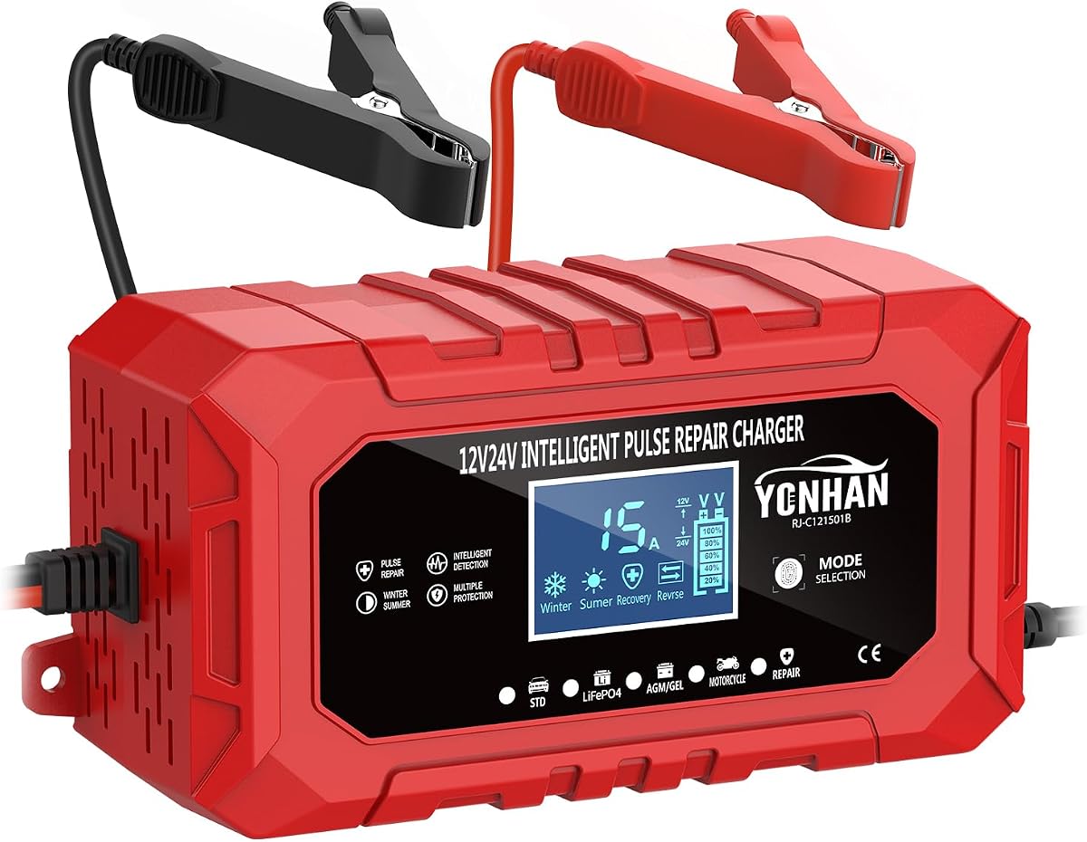 YONHAN 15A Battery Charger 12V/24V LiFePO4 Trickle Charger | Lead Acid Car Battery Charger with Temp Compensation, Automotive Battery Maintainer for Car Truck Motorcycle Lawn Mower Boat