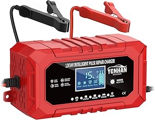 YONHAN 15A Battery Charger, 12V/24V LiFePO4 & Lead Acid Car Battery Charger, 9-Stage Trickle Charger with Temp Compensation, Automotive Battery Maintainer for Car Truck Motorcycle Lawn Mower Boat(Red)