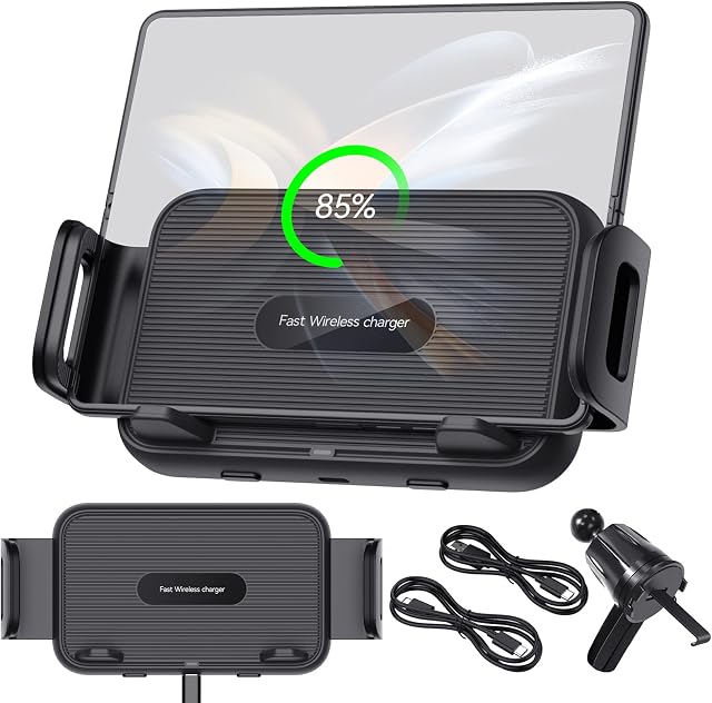CENMASO 15W Qi Wireless Car Charger Mount for Samsung Galaxy Z Fold 4, Auto Clamping Fast Charge Car Mount for Galaxy Z Fold 4/Fold 3/Fold 2, Galaxy Z Flip 4/Flip 3 2 5G, for iPhone 14 13 Pro Max