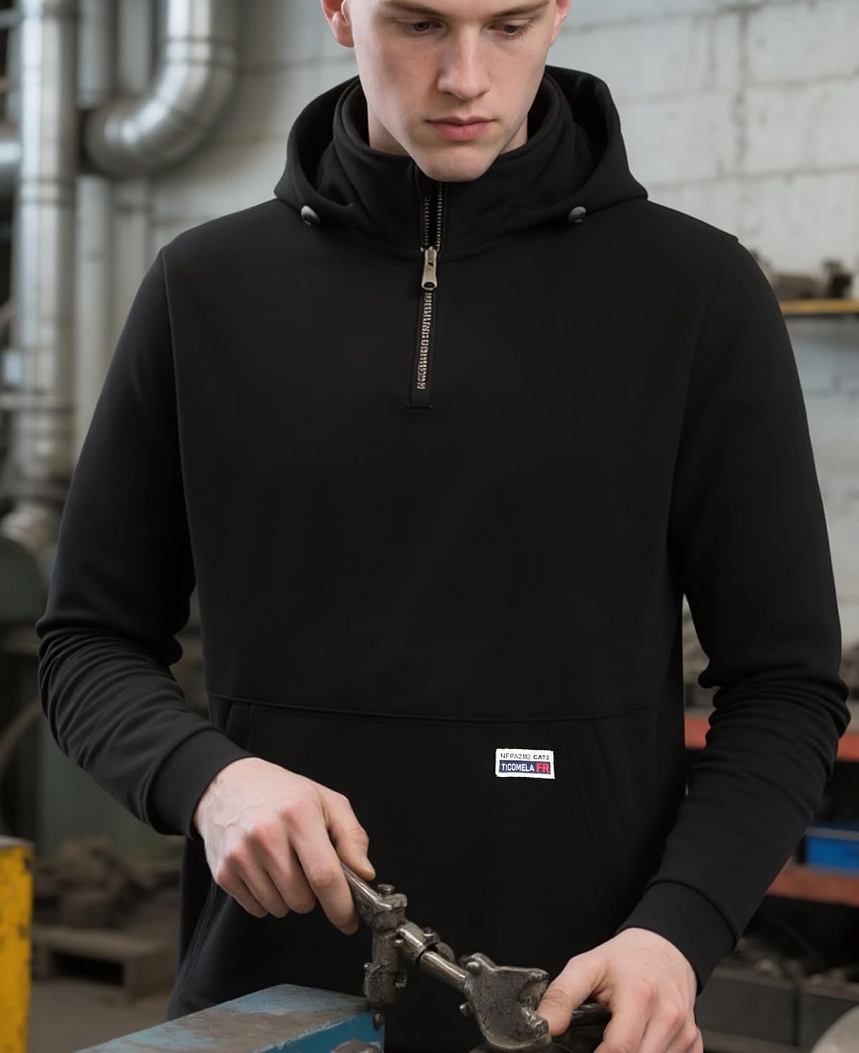 TICOMELA FR Hoodie Flame Resistant Hooded Sweatshirt Quarter Zip 12oz 100% Cotton Pullover Workwear for Men - Image 6
