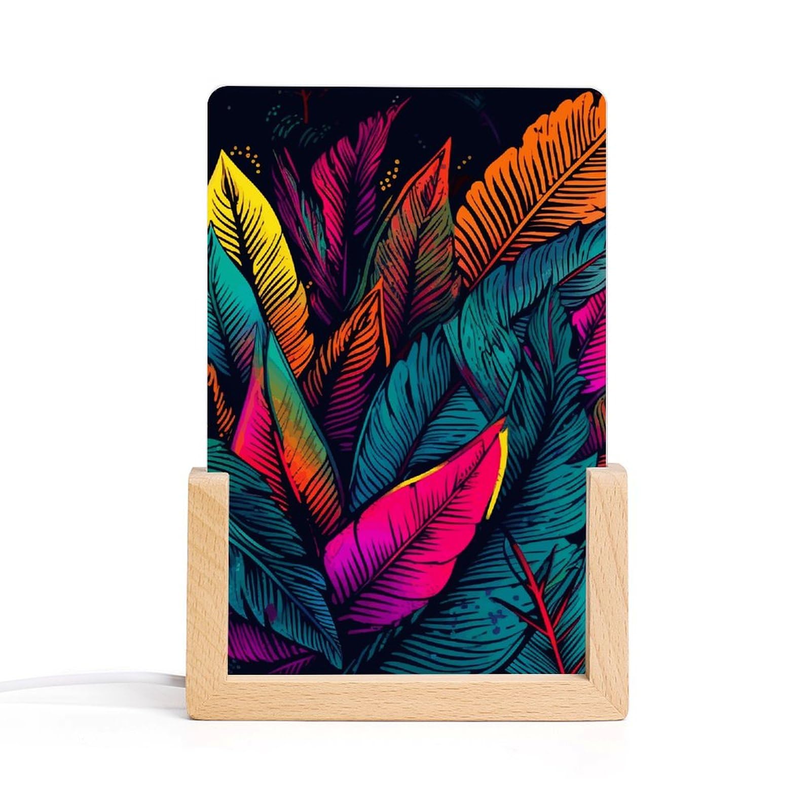 JTREHY Acrylic Night Light,Colorful Tropical Leaves Pattern Printed Wooden Base LED Night Light Modern Home Decoration Light with USB Switch Cable for Bar Cafe Bedroom Room Decoration