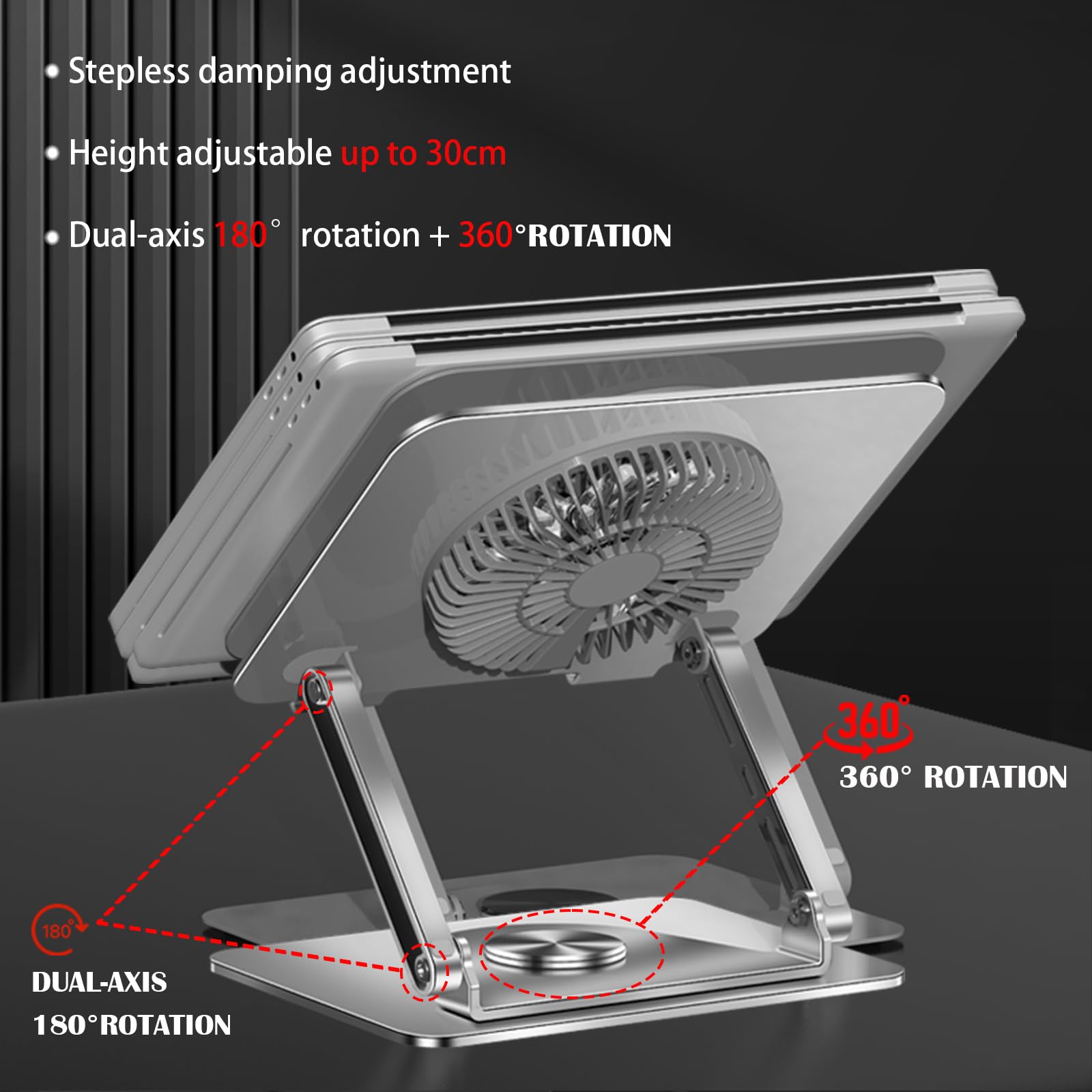 Stojak chłodzący do laptopa obracany o 360° | do laptopów/tabletów 17 cali, regulowana wys. i kąt, 360° obrót, cichy wentylator USB, składana, stabilna