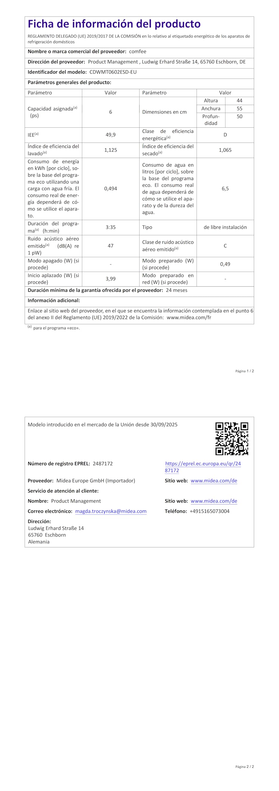 COMFEE' CDWMT0602ESD-EU Lavavajillas Compacto, 6 Cubiertos,6 Programas | Ciclo Intensivo 70°C, Inicio Diferido 24H, Apertura Automática, 47dB Silencioso, Clase D, Pantalla LED, Plateado
